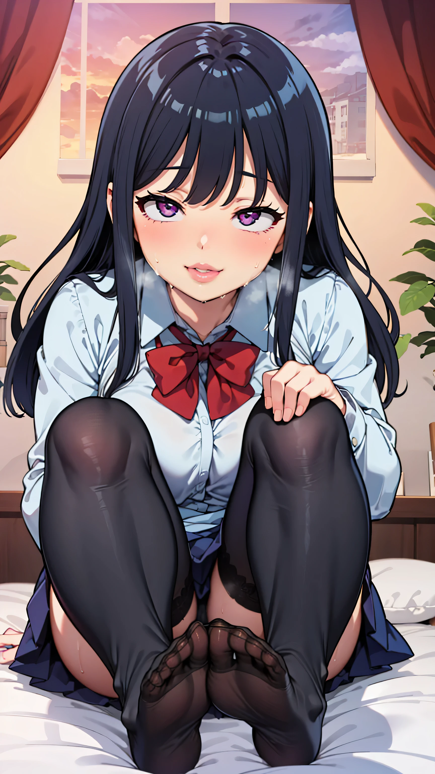 (1 girl), black hair、high school girl、長いblack hair, big lips, anime, beautiful lips,, ((highest quality)), on the bed、soft shading, High resolution, sexy pov, big lips, big lips,x ornament, ornament, duck face, Lip Focus, glossy lips、sweaty、white shirt、skirt、Red face in heat、blush、Ahegao、Baby-faced female student、smile、Two unique Loose socks、show the soles of your feet、beautiful feet、black tights