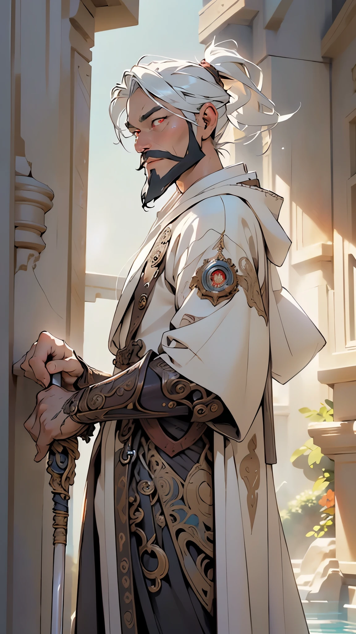 ((an extremely old man with beard)),(detailed eyes), 1male, long white and silver robe with hood, long gray hair,silver long beard, Homely old man, hair tied in a ponytail, ((red_eyes:1.3))),intricate eyes,detailed eyes,symmetrical eyes,old face,
white cloak,coat,steampunk,(1old man),((steampunk old man)),(white hair,white beard),(((intricate outfit,intricate clothes,ornate outfit))),wise,((leaning on a magic staff,steampunk staff)),
(dynamic pose:1.0),(centered,scale to fit dimensions,Rule of thirds),
((beautiful bath house made of greek marble and pillars, beautiful clear water in pool)),scenery:1.25,((intricate scenery)),((greek temple background)),
(Glossy greek ornaments),highres,sharp focus,(ultra detailed,extremely detailed),(photorealistic artwork:1.37),(extremely detailed CG unity 8k wallpaper),(((vibrant colors,vibrant theme))),(intricate),(masterpiece),(best quality),artistic photography,(photography taken by sldr),(intricate background),perfect rendered face,perfect face details,realistic face,photo realistic,((intricate detail)),(((realism)))