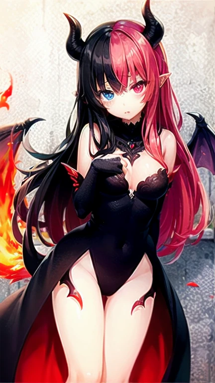 1girl, (masterpiece), best quality, expressive eyes, perfect face, anime girl with red eyes and black dress in flames, (half color haired girl with black and red hair), very sexy devil outfit, queen of hell, ruler of inferno, fiery scorching red eyes, deathwing, beautiful succubus, devil, infernal art in good quality, body with black and red lava, inferno, lava, devil wings, demon anime girl, medium size breast, (yellow and purple eye heterochromia)+