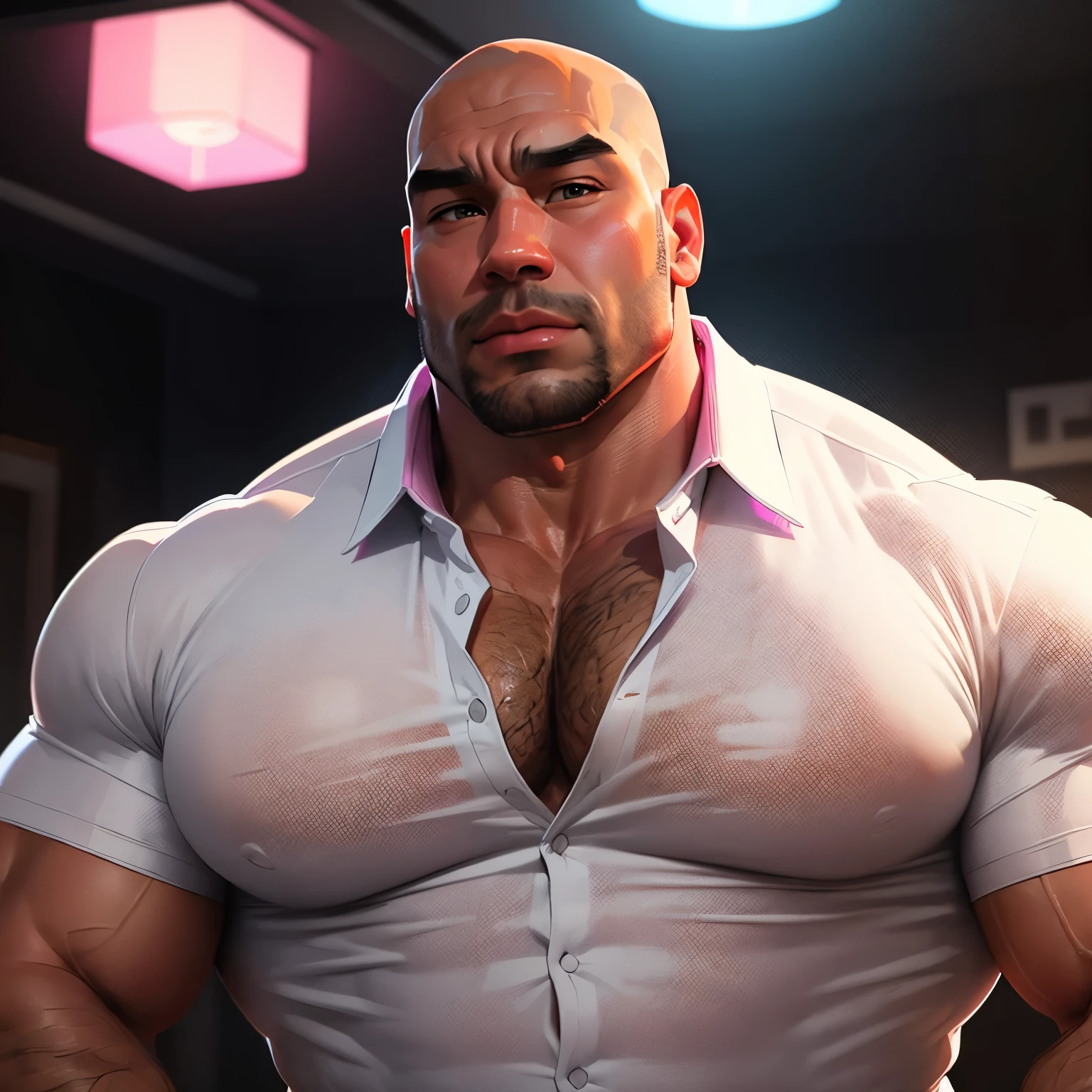 an exaggeratedly muscular and large bald bodyguard, beefy neck, mixed race, (wearing a white collared shirt: 1.2), (exposed pecs: 1.1), (bara pecs: 1.3), (hairy chest: 1.1), portrait HD, night club with pink lights