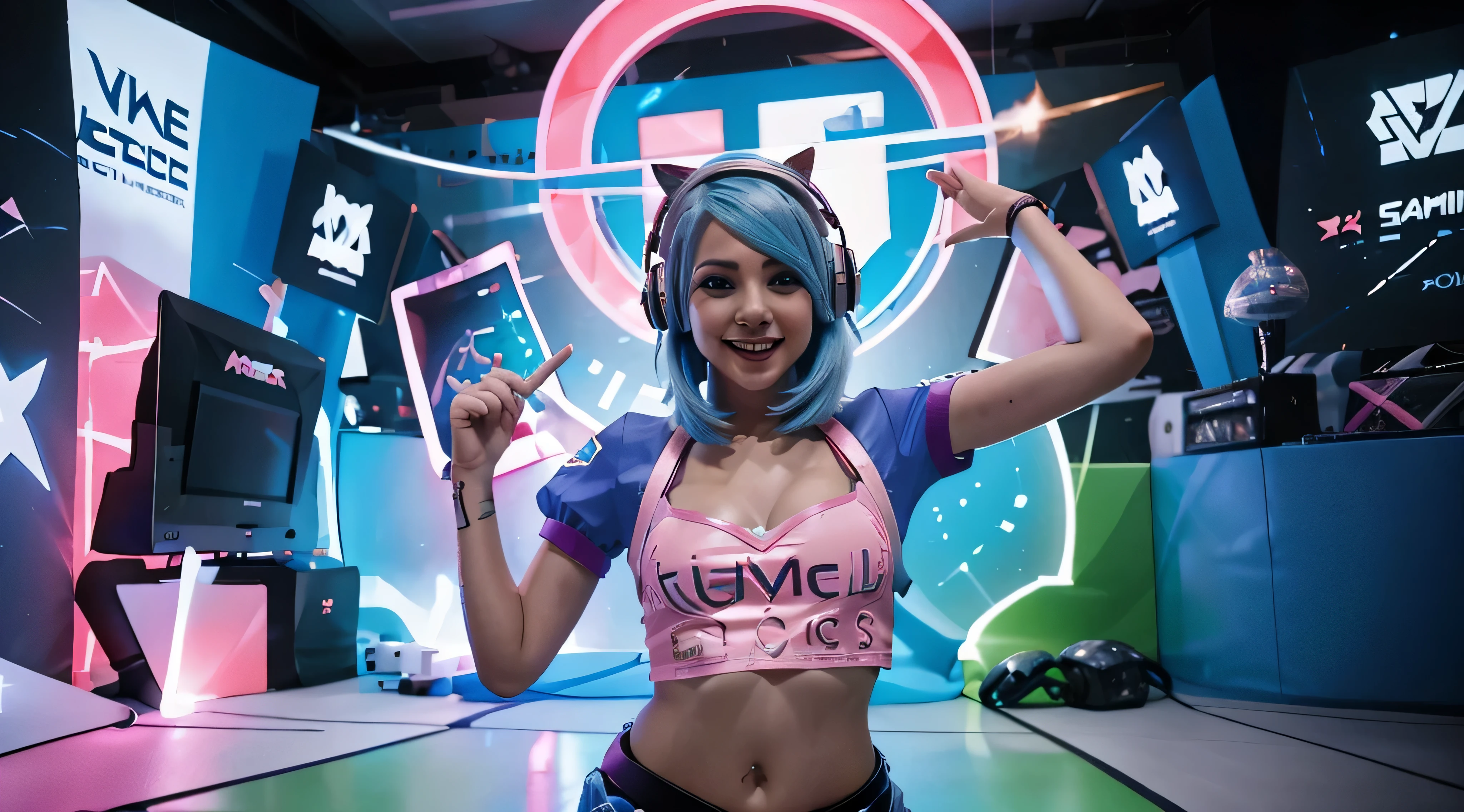 A girl with pink blue hair, wearing a colorful outfit and cosplay costume, stands in a dynamic pose. She has a playful expression on her face as she enjoys playing video games. The girl is a gamer, immersed in her virtual world, holding a console controller in one hand and a keyboard in the other. She wears headphones, symbolizing her dedication to gaming. The scene is set in a brightly lit studio with soft lighting, enhancing the vivid colors of the girl’s outfit. The composition is creative and cartoonish, with a background scenery featuring artistic interpretation of video game elements. Glowing digital effects surround the girl, adding to the energetic and action-packed atmosphere. Electric blue accents are scattered throughout the image, giving it a mysterious and futuristic feel. Overall, the prompt aims to capture the fun, enthusiasm, and creativity associated with gaming, while showcasing the girl's passion and love for video games in an anime-style artwork.
Gamer girl pink blue hair sexy outfit slim body