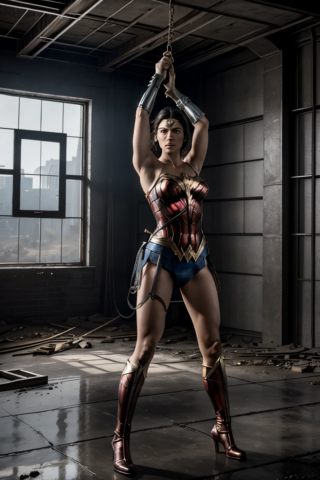 Create a mesmerizing hyper-realistic artwork in ultra HD, depicting Wonder Woman in an abandoned, under-construction building, reminiscent of Zack Snyder's cinematic style. Her powerful figure is rendered suspended in the air, bound in chains with her hands open and free, defying the expected vulnerability. The intricate textures of rusted metal and gritty concrete surround her, enhancing the depth and intensity of the scene. The low sunlight filters in through broken windows, casting long shadows and illuminating her high-detailed face and body with cinematic precision. Employing Zack Snyder's signature aesthetic, the atmosphere is dark and dramatic, evoking both