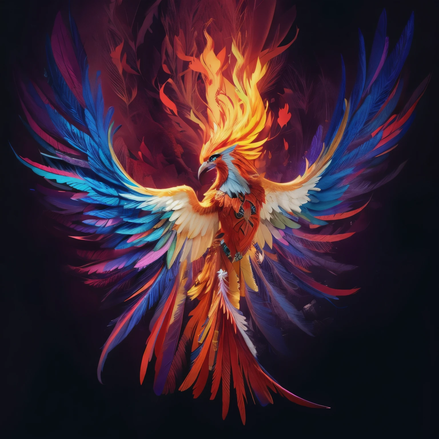 male, anthropomorphic and humanoid, phoenix, have open wings, white beak, have colorful feathers, cyan colored eye