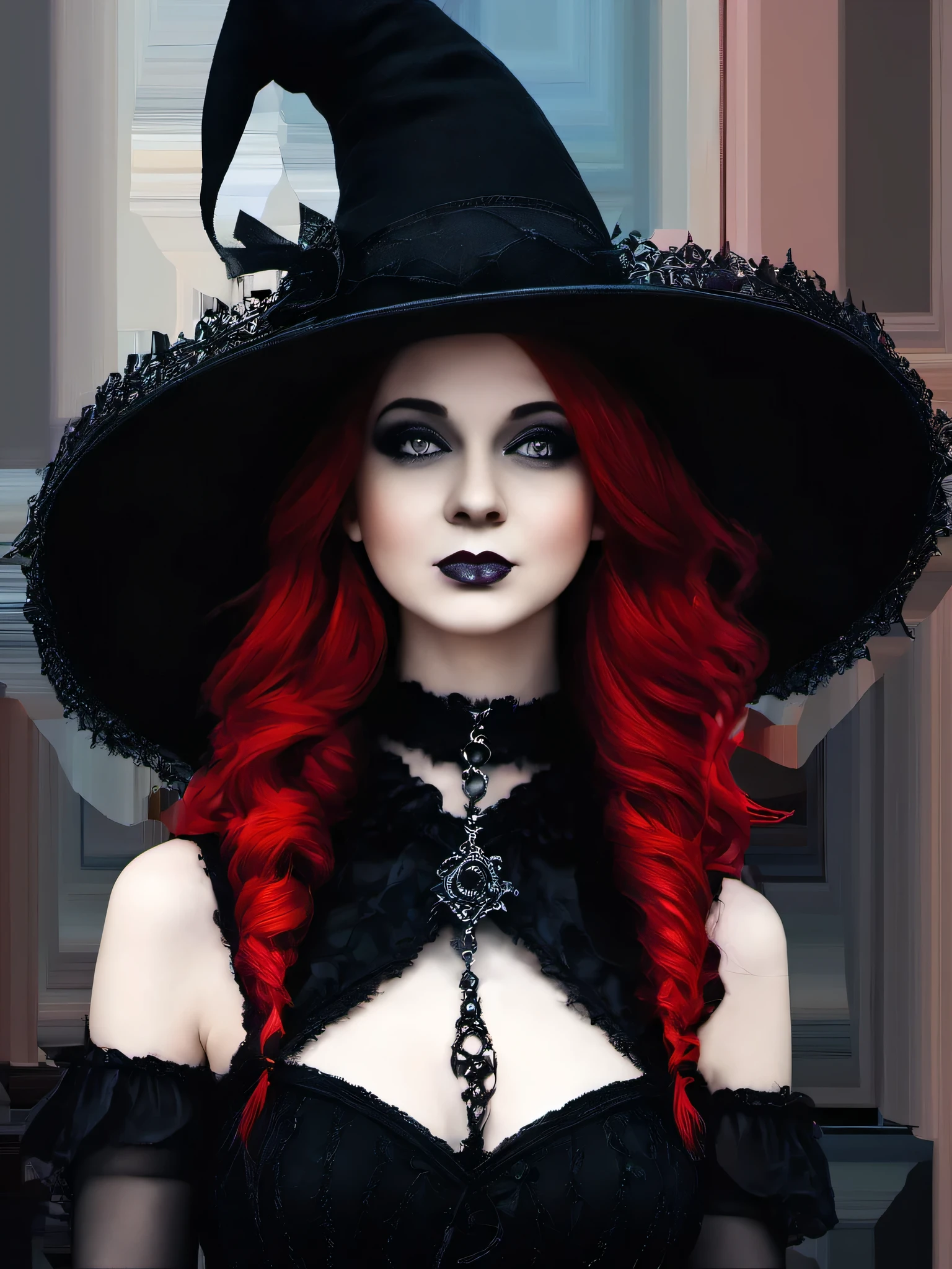 (masterpiece, best quality:1.2), 1girl, solo, Shana in a black dress, short skirt, black lace top, very sexy, hat with a red hat, a photo inspired by Chica Macnab, tumblr, gothic art, gothic outfit, fashionable dark witch, witchcore clothes, gothic!!, goth chic, fantasy outfit, gothic girl, gothic regal, imvu, gothic maiden, in a halloween style, gothic regal and tattered black, gothic dress, short skirt, black lace top, very sexy