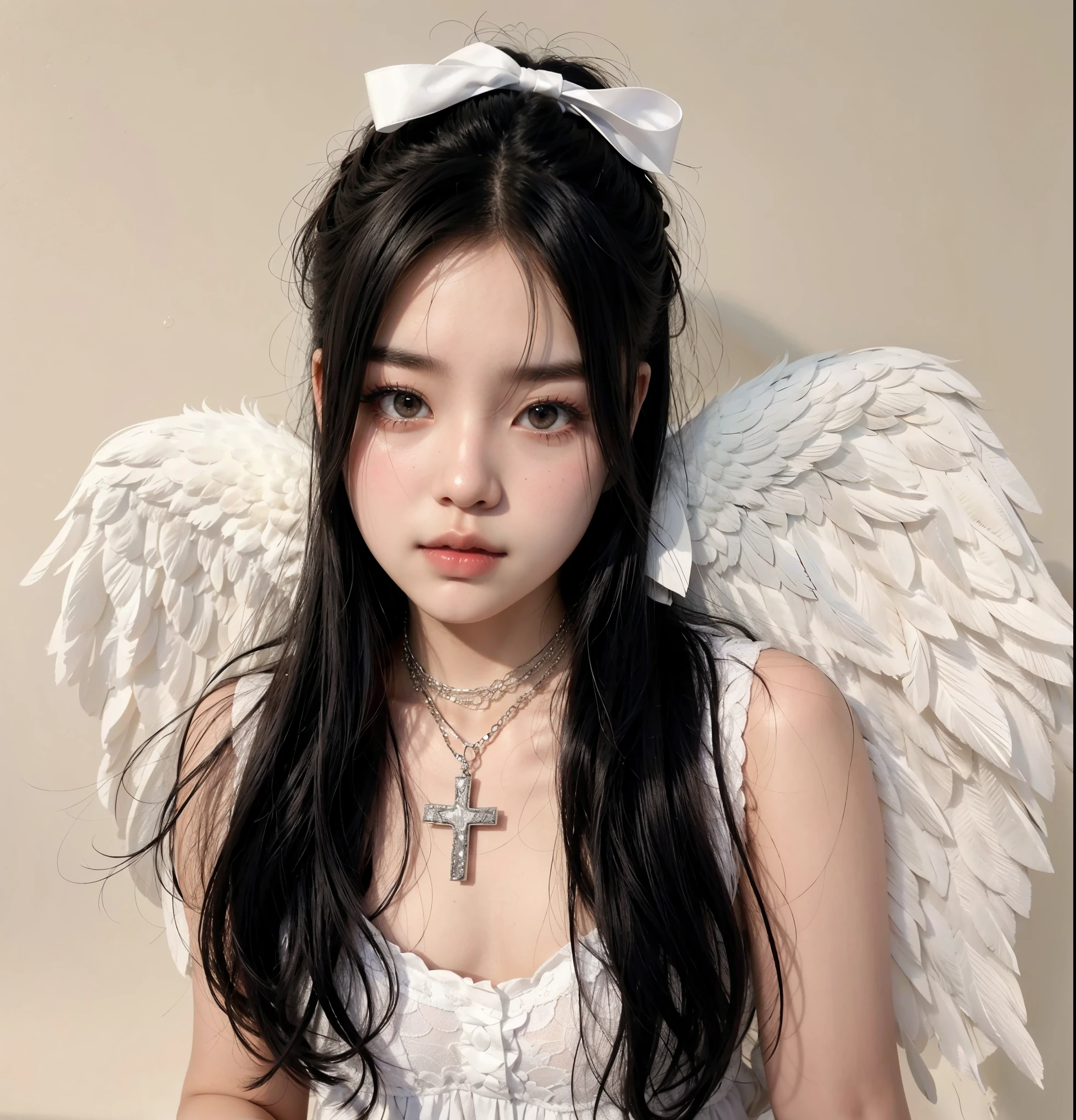 arafed woman with white wings and a cross necklace, young wan angel, wearing angel, wearing angel halo, cruel korean goth girl, taejune kim, of an beautiful angel girl, ulzzang, angelic, heonhwa choe, jaeyeon nam, angel girl, possibly an angel, girl with angel wings, wearing angel halo covered face, angel-themed