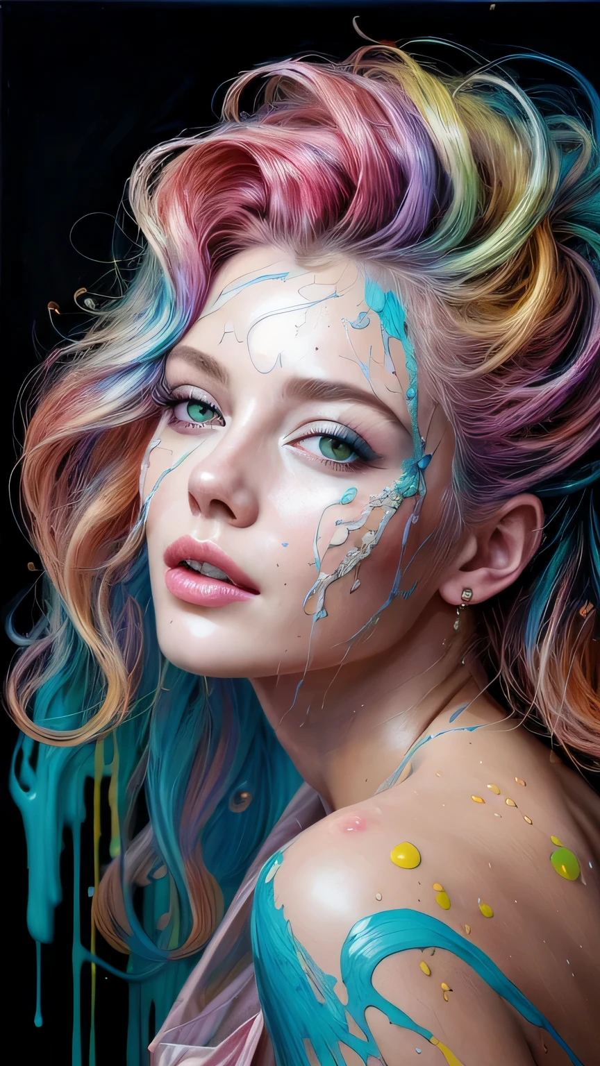 Beautiful and colorful woman: 25 years old woman, messy hair, oil painting, beautiful and perfect face with soft skin, perfect face, pinkish green cores, light and violet magnetic additions, light red additions, Painter, wearing apron or transparent nightgown, holding brush, intricate details home screen masterpiece in 8k resolution beautiful face digital painting photorealistic art station smooth fluid black paint: photorealistic masterpiece in 8k resolution: intricately detailed gouache painting fluid: by John Baptist Mongue: calligraphy: acrylic : artistic watercolor, professional photography, natural lighting, volumetric lighting maximalist photographic illustration: by Marton Bobzert: complex, elegant, expansive, Fantastic