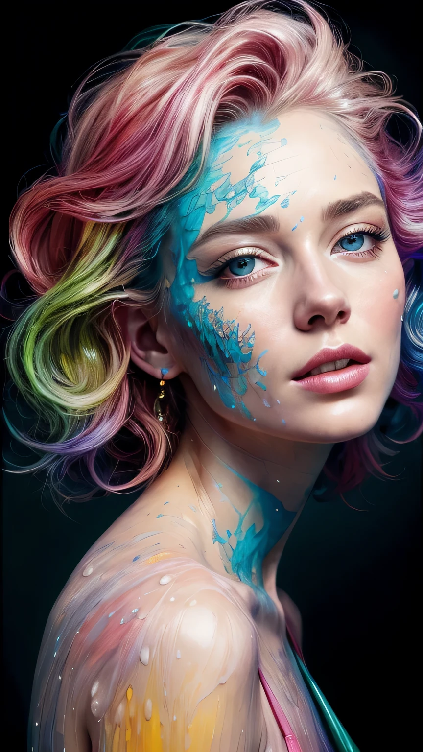 Beautiful and colorful woman: 25 years old woman, messy hair, oil painting, beautiful and perfect face with soft skin, perfect face, pinkish green cores, light and violet magnetic additions, light red additions, Painter, wearing apron or transparent nightgown, holding brush, intricate details home screen masterpiece in 8k resolution beautiful face digital painting photorealistic art station smooth fluid black paint: photorealistic masterpiece in 8k resolution: intricately detailed gouache painting fluid: by John Baptist Mongue: calligraphy: acrylic : artistic watercolor, professional photography, natural lighting, volumetric lighting maximalist photographic illustration: by Marton Bobzert: complex, elegant, expansive, Fantastic