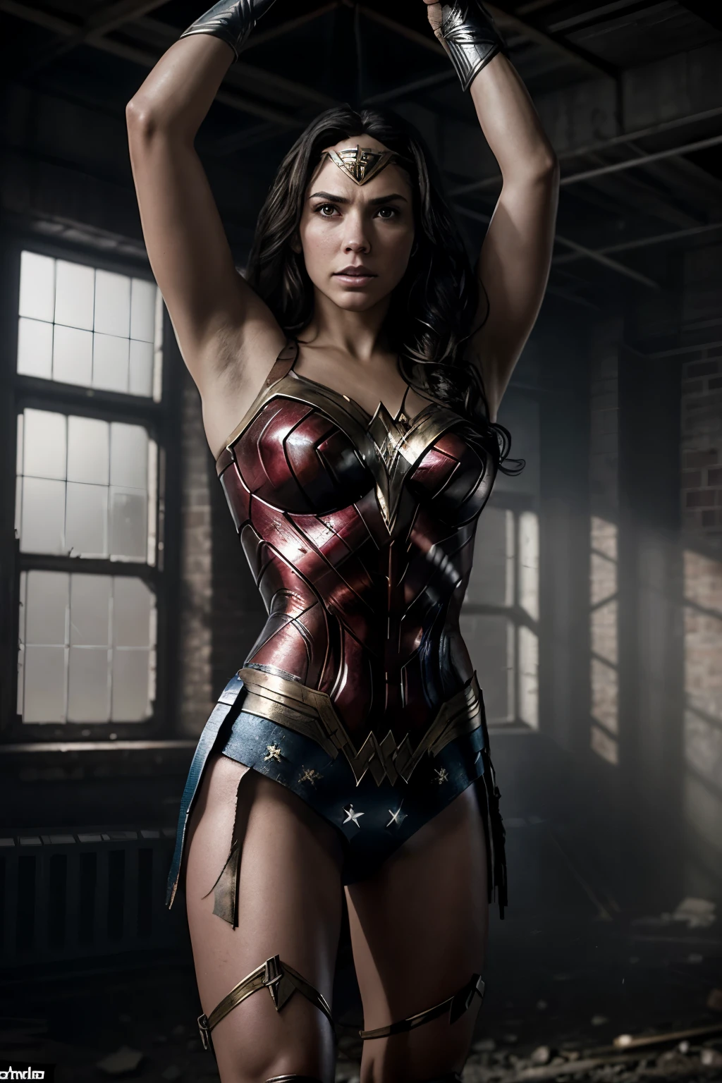 Create a mesmerizing hyper-realistic artwork in ultra HD, depicting Wonder Woman in an abandoned, under-construction building, reminiscent of Zack Snyder's cinematic style. Her powerful figure is rendered suspended in the air, bound in chains with her hands open and free, defying the expected vulnerability. The intricate textures of rusted metal and gritty concrete surround her, enhancing the depth and intensity of the scene. The low sunlight filters in through broken windows, casting long shadows and illuminating her high-detailed face and body with cinematic precision. Employing Zack Snyder's signature aesthetic, the atmosphere is dark and dramatic, evoking both