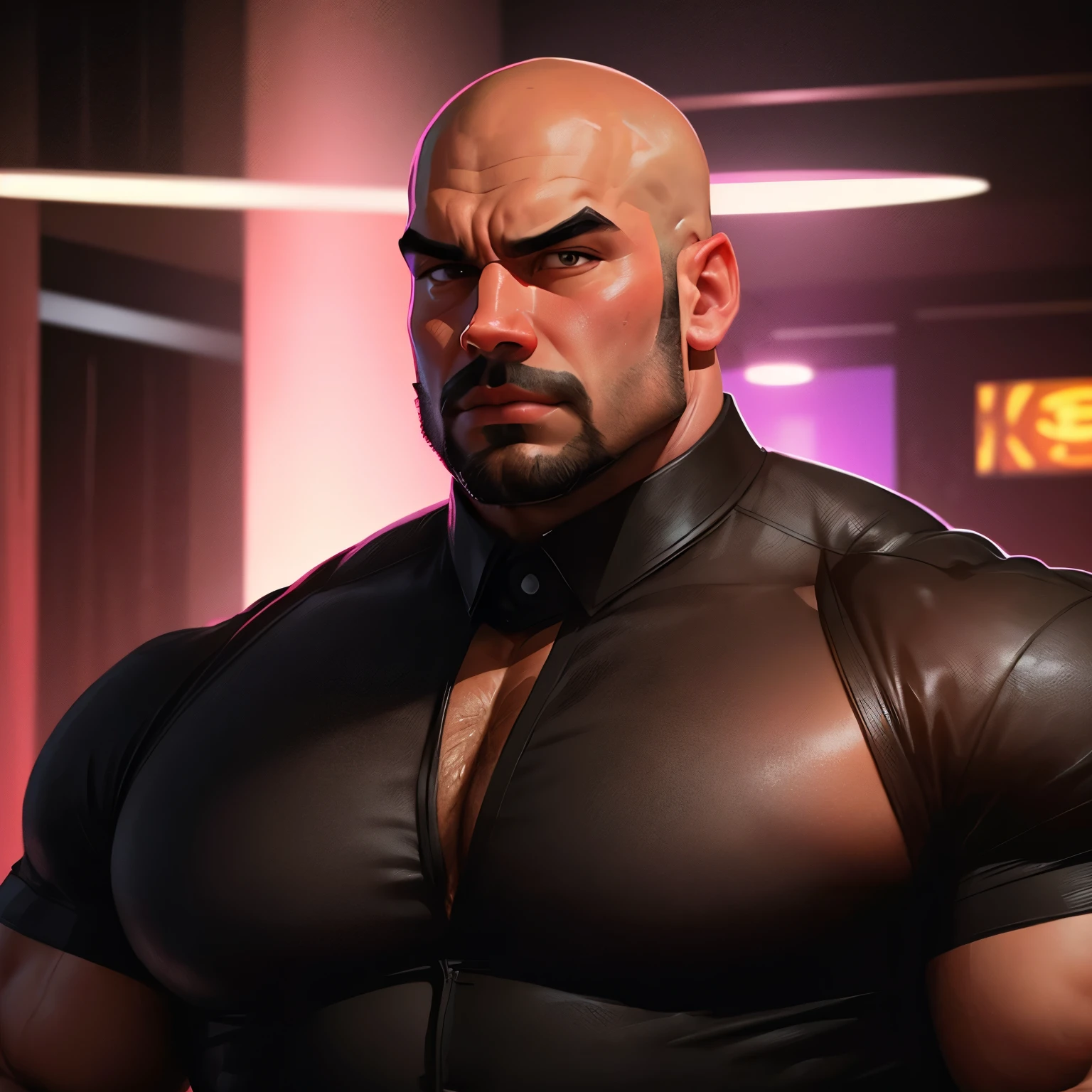 an exaggeratedly muscular and large bald bodyguard, beefy neck, mixed race, (wearing a black collared shirt: 1.2), (exposed pecs: 1.1), (bara pecs: 1.3), (hairy chest: 1.1), close-up portrait HD, night club with pink lights