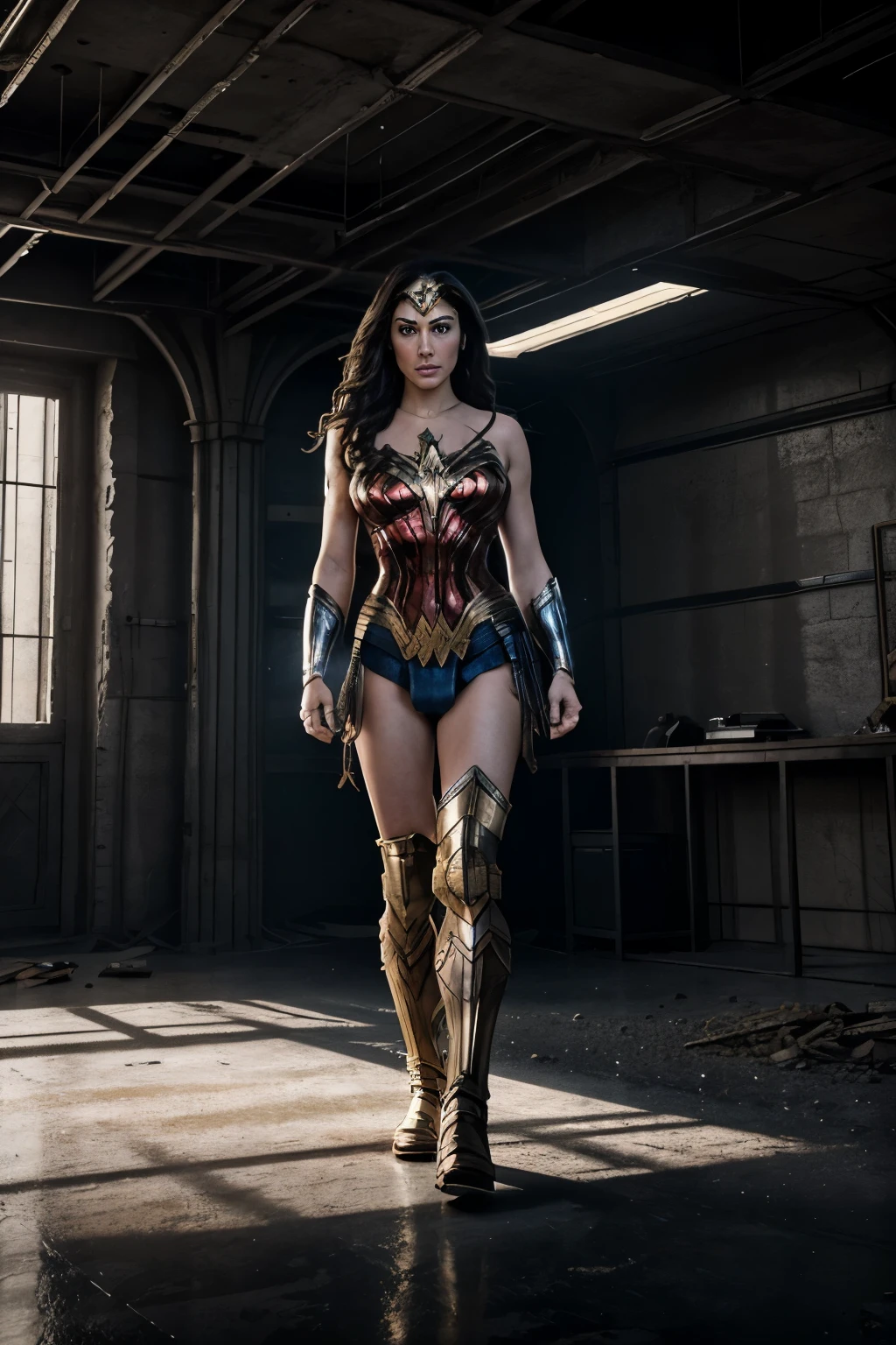 Create a mesmerizing hyper-realistic artwork in ultra HD, capturing the intricately detailed face and body of Wonder Woman as she defies her constraints in an abandoned, under-construction building. Rendered in the cinematic style of Zack Snyder's movies, her powerful figure struggles against heavy chains wrapped around her wrists, suspended in the air by the robust pillars. The scene unfolds in a gritty, atmospheric space, defined by the intricate textures of dust and sand scattered across the floor. Low sunlight casts dramatic shadows throughout the room, enhancing the intensity of the moment. Utilize a high-contrast, cinematic light to accentuate the raw,