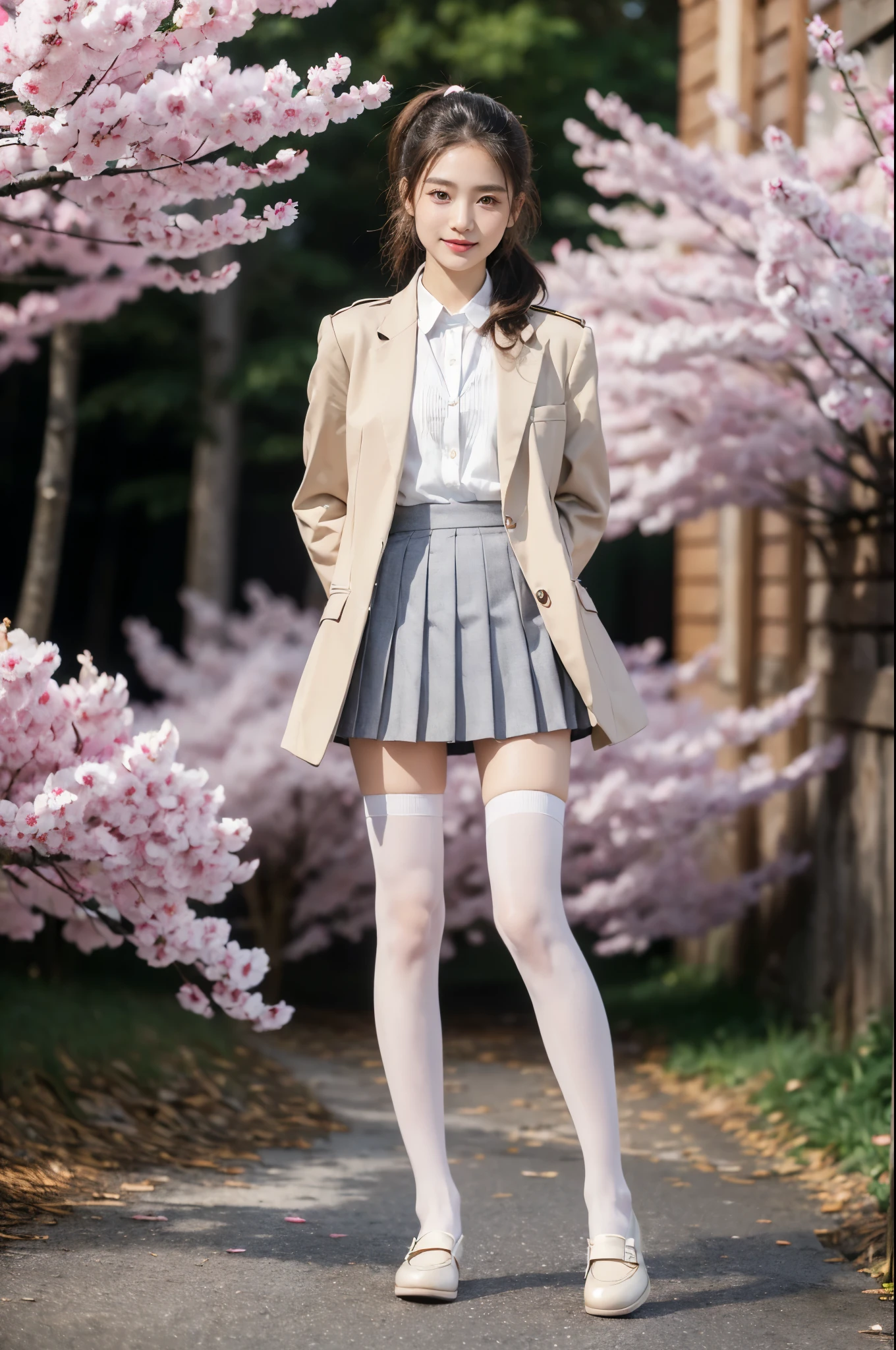 ((((8k))),((Extremely meticulous CG)) ,(wallpaper),16k,((Extremely refined and beautiful)),(((Masterpiece))),(((best qualtiy))),(((Ultra High Resolution))),beautiful light up,Perfect lightning,realistic shaded,((high resolution)),(Smooth and flawless skin:1.5),(Extremely exquisite facial details:1.2),(perfect body:1.2),(ultra-detailed),((A beautiful girl,solo)),(small head:1.2),(pale skin:1.3),(short ponytail:1.2),(small face:1.2),(baby face:1.3),(Exquisite makeup:1.2),(small breasts:1.2),(flat chests:1.2),((slim,thin)),(smile:1.2),(happy:1.2),(Windsor knot:1.2),(JK uniform:1.5),(underneath the blazer is a collared shirt:1.3),(Checkered pleated short mini skirt:1.3),(towering hips:1.3),(slender legs:1.2),(underwear:1.2),(stockings:1.5),(loafers:1.2),(day scene:1.3),(morning:1.3),(On the street full of sakura:1.5),(In Osaka:1.3),(detailed background:1.5),(standing:1.3),(arms behind back:1.),(full body:1.3),(from front:1.3),