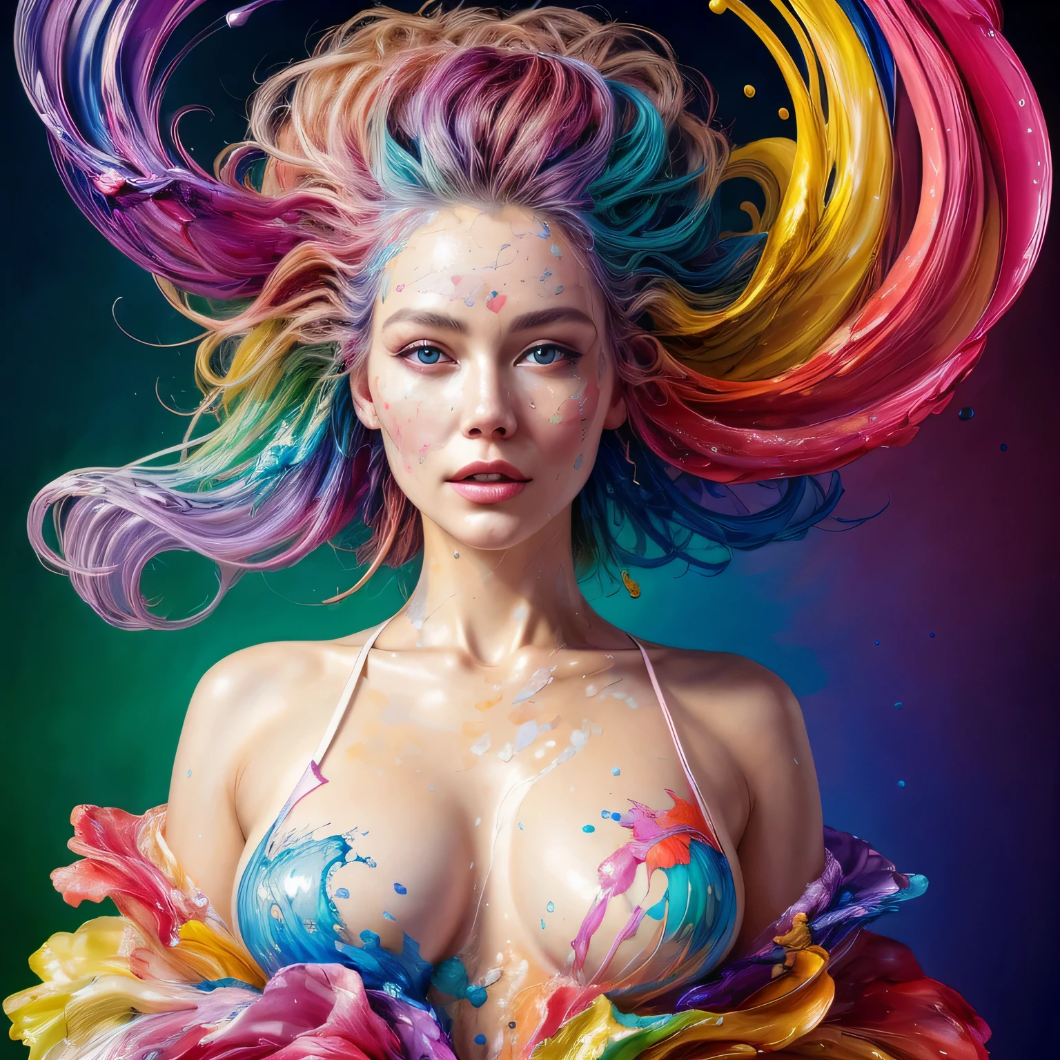 Beautiful and colorful woman: 25 years old woman, messy hair, oil painting, beautiful and perfect face with soft skin, perfect face, pinkish green cores, light and violet magnetic additions, light red additions, Painter, wearing apron or transparent nightgown, holding brush, intricate details home screen masterpiece in 8k resolution beautiful face digital painting photorealistic art station smooth fluid black paint: photorealistic masterpiece in 8k resolution: intricately detailed gouache painting fluid: by John Baptist Mongue: calligraphy: acrylic : artistic watercolor, professional photography, natural lighting, volumetric lighting maximalist photographic illustration: by Marton Bobzert: complex, elegant, expansive, Fantastic
