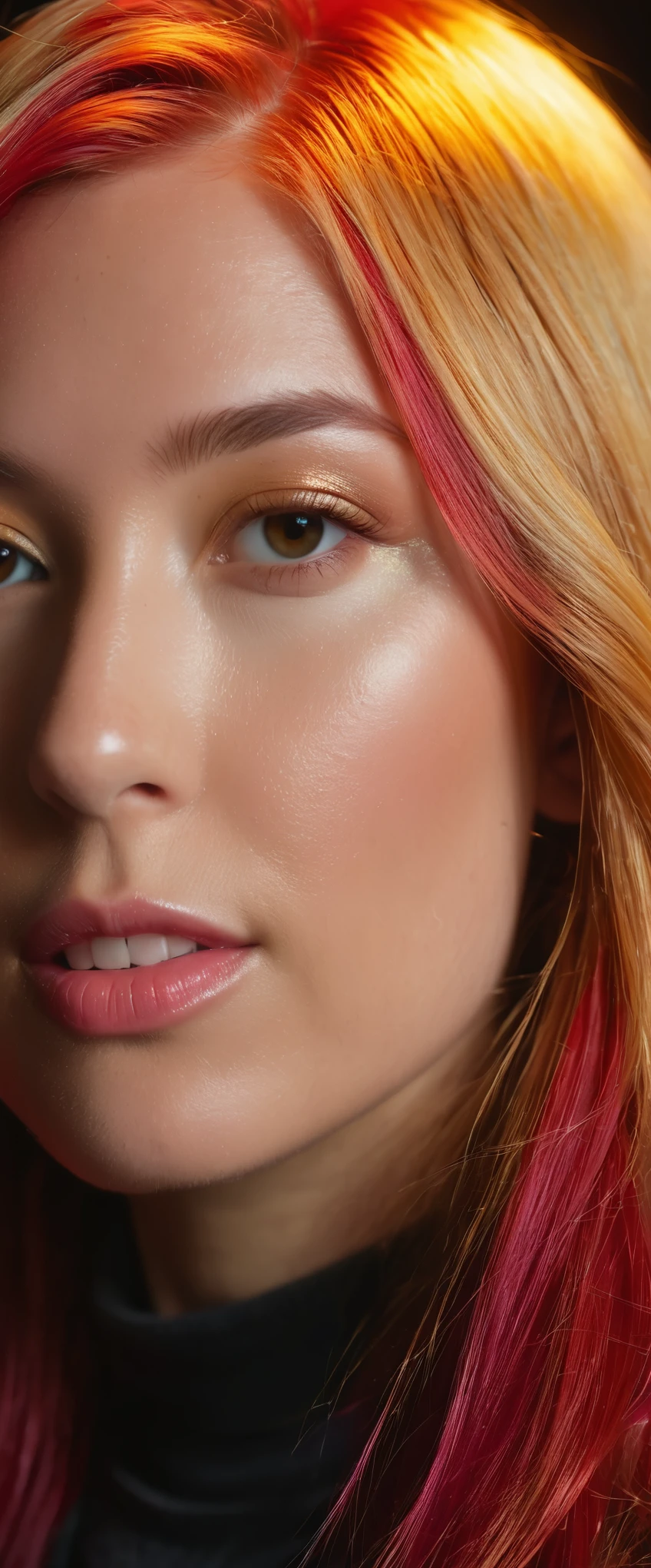 A closeup portrait of a woman with {bright virant anime red hair} and {blonde money pieces in the front}, balayage, ({{blonde strands of hair on both sides extending down to the ends}}), highlights, {vibrant distinguishable hair}, {hair dye}, high detail image, sharp image, intricate detail, high quality, realistic, by Weta Digital, by Wéta FX, by WLOP, Cinematic, Color Grading, Editorial Photography, Photography, Photoshoot, Ultra-Wide Angle, Depth of Field, DOF, Tilt Blur, Shutter Speed 1/1000, F/22, Gamma, White Balance, Neon, Light, Dark, Light Mode, Dark Mode, High Contrast, 5D, Multiverse, 32k, Super-Resolution, Megapixel, ProPhoto RGB, VR, Good, Massive, Big, Spotlight, Frontlight, Halfrear Lighting, Backlight, Rim Lights, Rim Lighting, Artificial Lighting, Natural Lighting, Incandescent, Optical Fiber, Moody Lighting, Cinematic Lighting, Studio Lighting, Soft Lighting, Hard Lighting, volumetric Light, Volumetric Lighting, Volumetric, Contre-Jour, Rembrandt Lighting, Split Lighting, Beautiful Lighting, Accent Lighting, Global Illumination, Lumen Global Illumination, Screen Space Global Illumination, Optics, Materiality, Ambient Occlusion, Scattering, Glowing, Shadows, Rough, Shimmering, Reflections, Lumen Reflections, Screen Space Reflections, Diffraction Grading, Chromatic Aberration, GB Displacement, Scan Lines, Ray Traced, Ray Tracing Ambient Occlusion, Anti-Aliasing, FKAA, TXAA, RTX, SSAO, Shaders, OpenGL-Shaders, GLSL-Shaders, Post Processing, Post-Production, Cel Shading, Tone Mapping, VFX, SFX, insanely detailed and intricate, hypermaximalist, elegant, hyper realistic, super detailed, photography, 8k, RAW photo, (high detailed skin:1.2), 8k uhd, dslr, soft lighting, high quality, film grain, Fujifilm XT3, photorealistic image