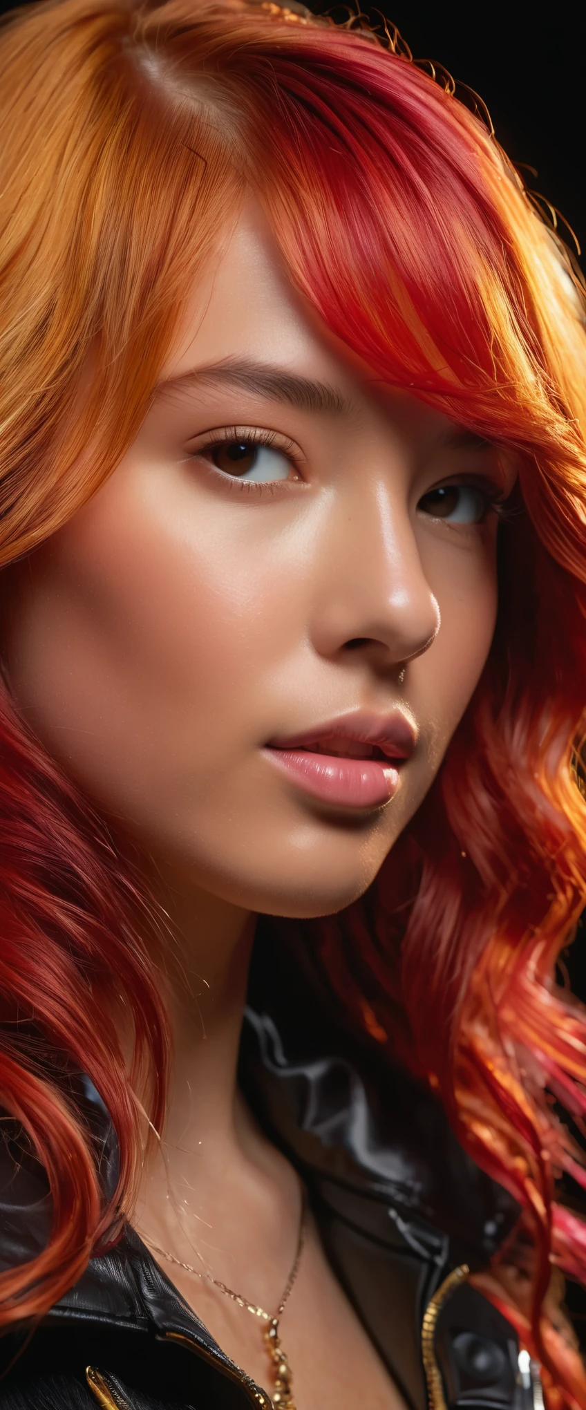 A closeup portrait of a woman with {bright virant anime red hair} and {blonde money pieces in the front}, balayage, ({{blonde strands of hair on both sides extending down to the ends}}), highlights, {vibrant distinguishable hair}, {hair dye}, high detail image, sharp image, intricate detail, high quality, realistic, by Weta Digital, by Wéta FX, by WLOP, Cinematic, Color Grading, Editorial Photography, Photography, Photoshoot, Ultra-Wide Angle, Depth of Field, DOF, Tilt Blur, Shutter Speed 1/1000, F/22, Gamma, White Balance, Neon, Light, Dark, Light Mode, Dark Mode, High Contrast, 5D, Multiverse, 32k, Super-Resolution, Megapixel, ProPhoto RGB, VR, Good, Massive, Big, Spotlight, Frontlight, Halfrear Lighting, Backlight, Rim Lights, Rim Lighting, Artificial Lighting, Natural Lighting, Incandescent, Optical Fiber, Moody Lighting, Cinematic Lighting, Studio Lighting, Soft Lighting, Hard Lighting, volumetric Light, Volumetric Lighting, Volumetric, Contre-Jour, Rembrandt Lighting, Split Lighting, Beautiful Lighting, Accent Lighting, Global Illumination, Lumen Global Illumination, Screen Space Global Illumination, Optics, Materiality, Ambient Occlusion, Scattering, Glowing, Shadows, Rough, Shimmering, Reflections, Lumen Reflections, Screen Space Reflections, Diffraction Grading, Chromatic Aberration, GB Displacement, Scan Lines, Ray Traced, Ray Tracing Ambient Occlusion, Anti-Aliasing, FKAA, TXAA, RTX, SSAO, Shaders, OpenGL-Shaders, GLSL-Shaders, Post Processing, Post-Production, Cel Shading, Tone Mapping, VFX, SFX, insanely detailed and intricate, hypermaximalist, elegant, hyper realistic, super detailed, photography, 8k, RAW photo, (high detailed skin:1.2), 8k uhd, dslr, soft lighting, high quality, film grain, Fujifilm XT3, photorealistic image
