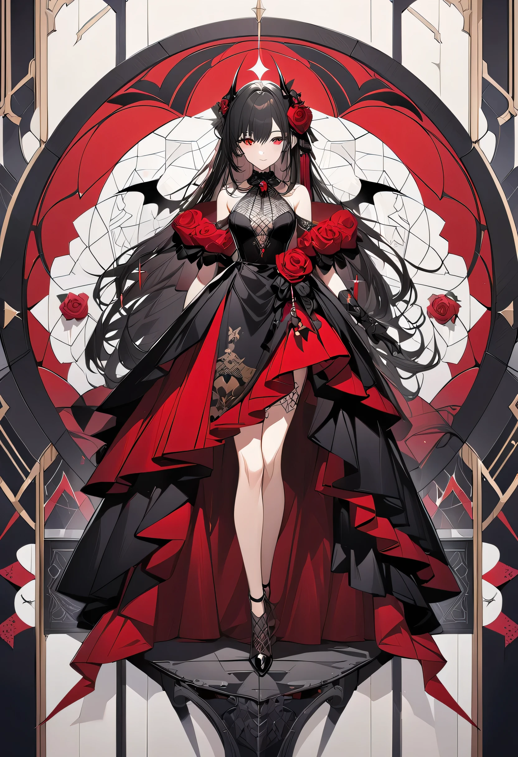 (red rose)(masterpiece, highest quality), official art, beautiful and aesthetic: 1.2), (1 girl), very detailed, (geometry art: 1.3), red and black mini dress、whole body、((upright))、vampire
