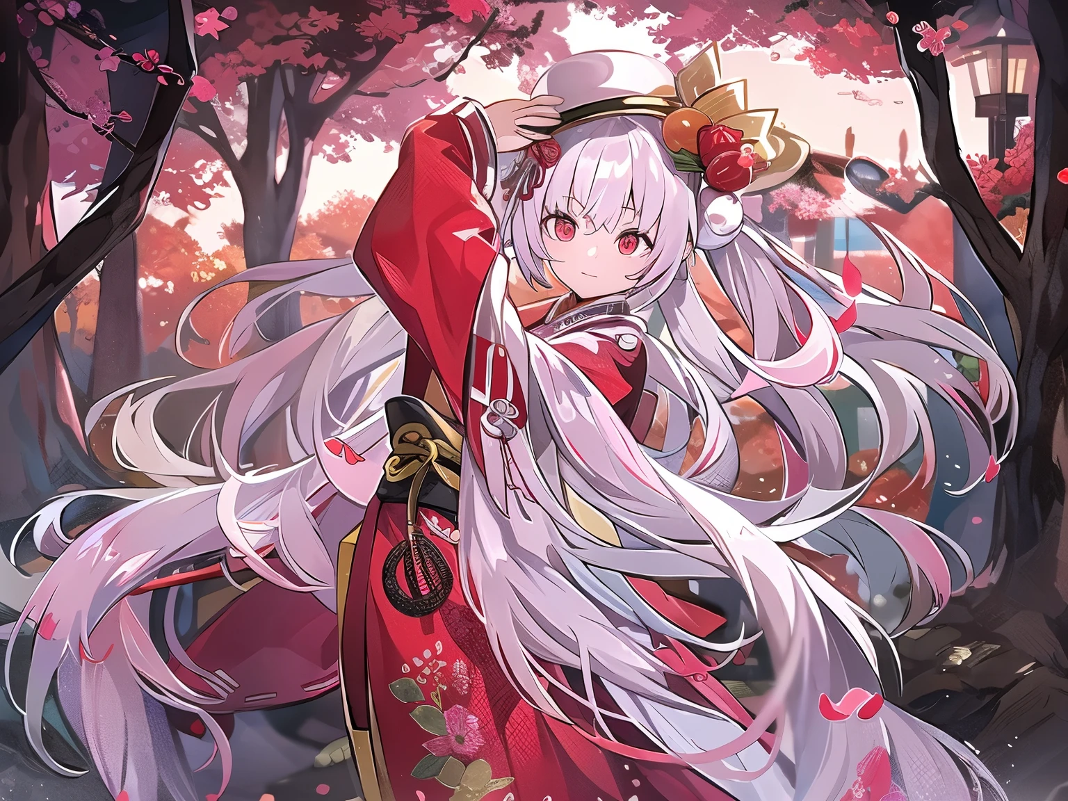 white hair girl、long white hair、hair ornaments、very long sleeves、A long-sleeved kimono with a colorful and gorgeous design、red obi、front、Horizontal position、Precincts of a shrine in the forest、It&#39;s night but the bright red sky、Many red lanternake the background red overall