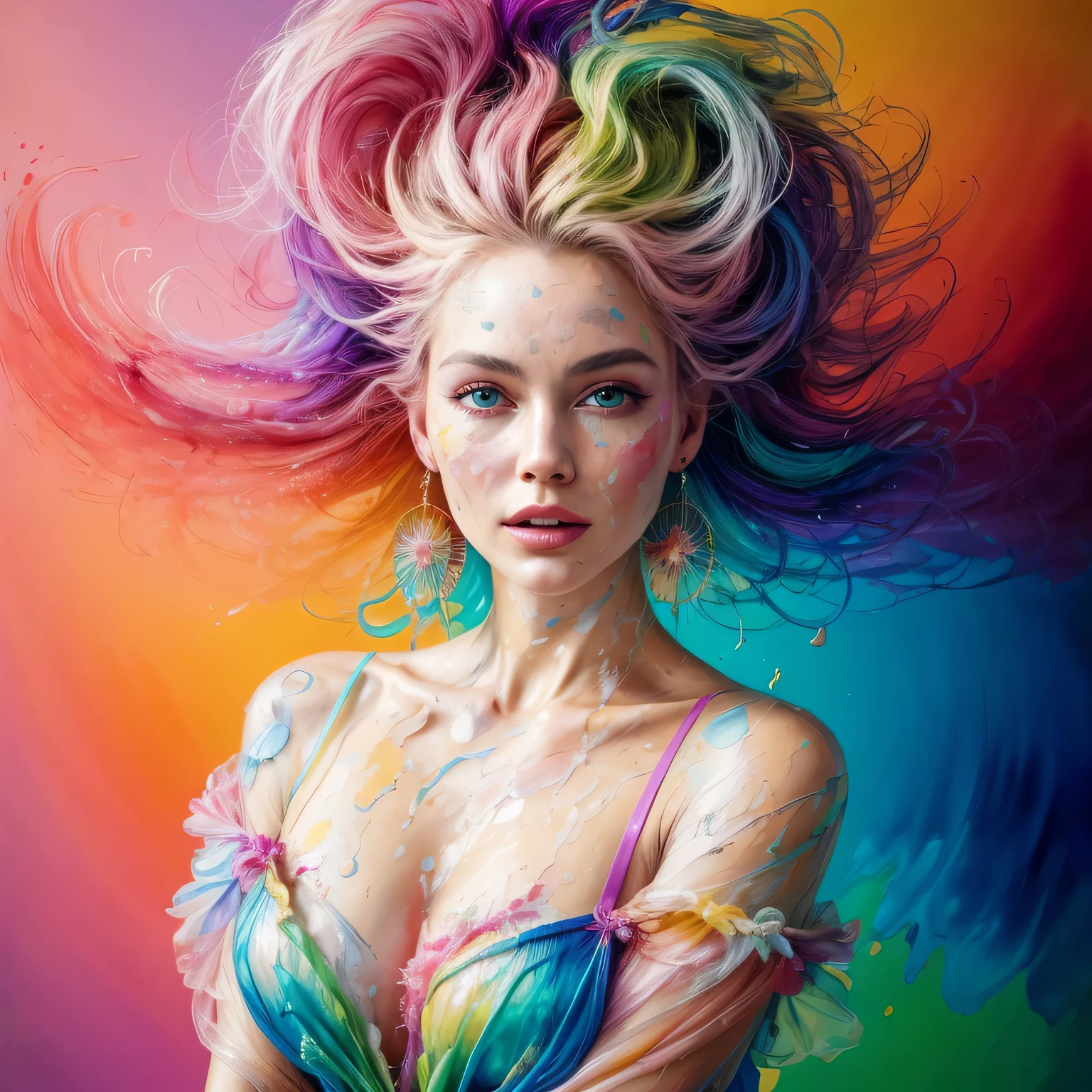 Beautiful and colorful woman: 25 years old woman, messy hair, oil painting, beautiful and perfect face with soft skin, perfect face, pinkish green cores, light and violet magnetic additions, light red additions, Painter, wearing apron or transparent nightgown, holding brush, intricate details home screen masterpiece in 8k resolution beautiful face digital painting photorealistic art station smooth fluid black paint: photorealistic masterpiece in 8k resolution: intricately detailed gouache painting fluid: by John Baptist Mongue: calligraphy: acrylic : artistic watercolor, professional photography, natural lighting, volumetric lighting maximalist photographic illustration: by Marton Bobzert: complex, elegant, expansive, Fantastic