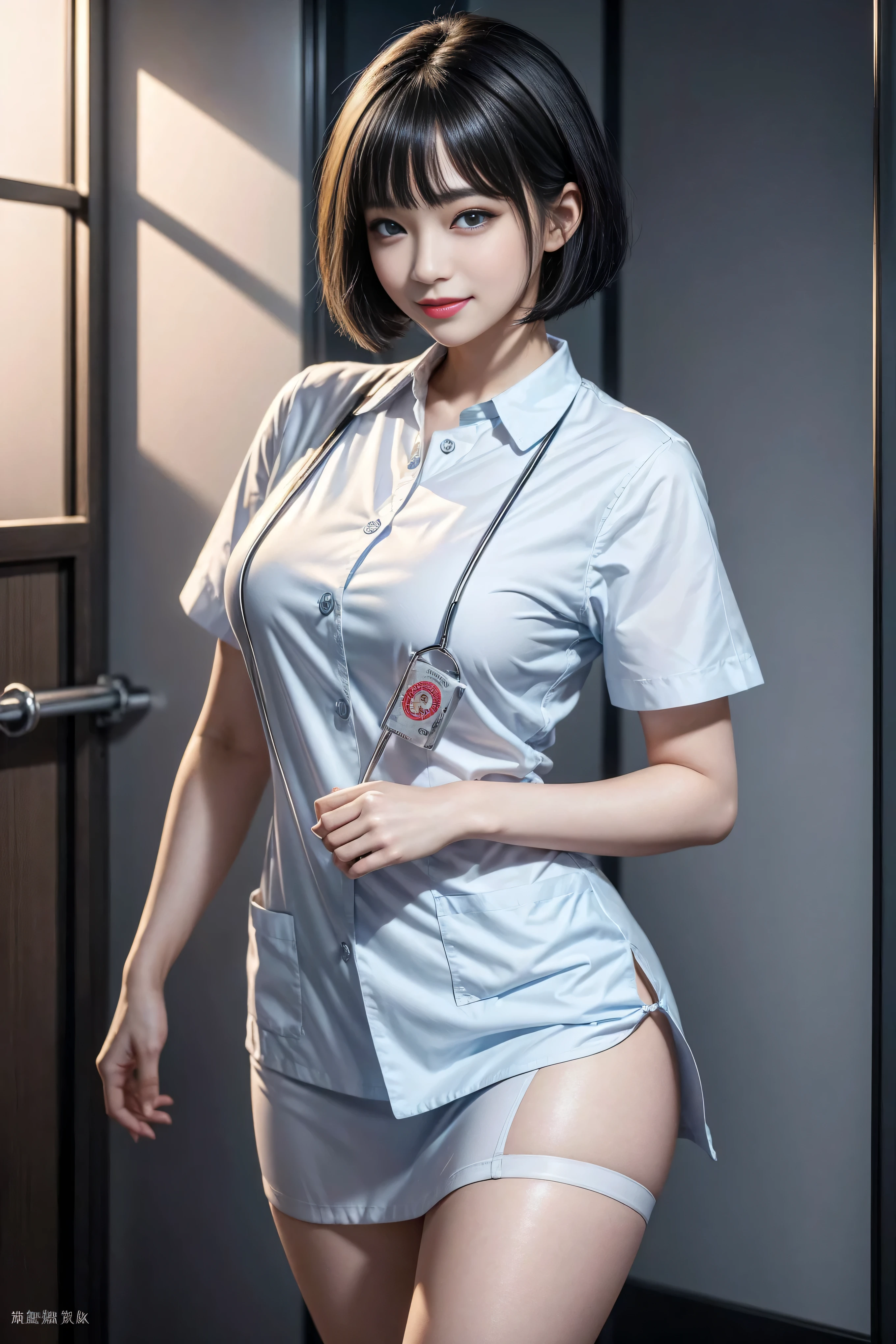 (2 Ultimate Beauty Nurse)、{{{masterpiece}}}， {Oh oh oh, Oh, really：1.2}， best quality， official art， Highly detailed CG Unity 8k wallpaper， The facial details are very rich、delicate lips、delicate eyes、double eyelids、((black bob hair))、(Nurse:1.3)、(charming figure)、(huge)、（（Open your mouth and smile： 1.8， cute smile： 1.8））， solo， Short hair details， vibrant smile， blue eyes，with eyes_Tokar， {Beautiful detailed gradient eyes}， red lips，thigh, thigh, thigh, perfect fit, Perfect Image Realism, background with: (hospital ward:1.2), cow boy shooting, Detailed background, detailed clothing, perfect lighting、Surreal、(Realism:1.4)、8K maximum resolution, (masterpiece), The content is very detailed, professional，