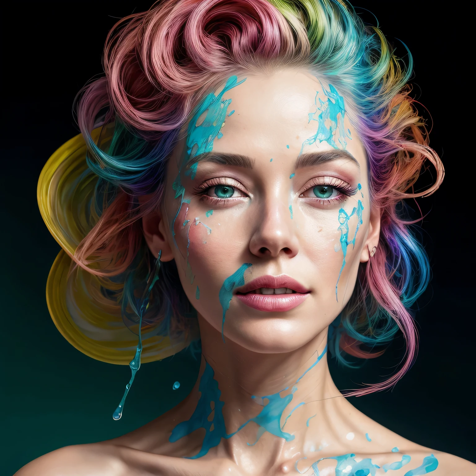 Beautiful and colorful woman: 25 years old woman, messy hair, oil painting, beautiful and perfect face with soft skin, perfect face, pinkish green cores, light and violet magnetic additions, light red additions, Painter, wearing apron or transparent nightgown, holding brush, intricate details home screen masterpiece in 8k resolution beautiful face digital painting photorealistic art station smooth fluid black paint: photorealistic masterpiece in 8k resolution: intricately detailed gouache painting fluid: by John Baptist Mongue: calligraphy: acrylic : artistic watercolor, professional photography, natural lighting, volumetric lighting maximalist photographic illustration: by Marton Bobzert: complex, elegant, expansive, Fantastic