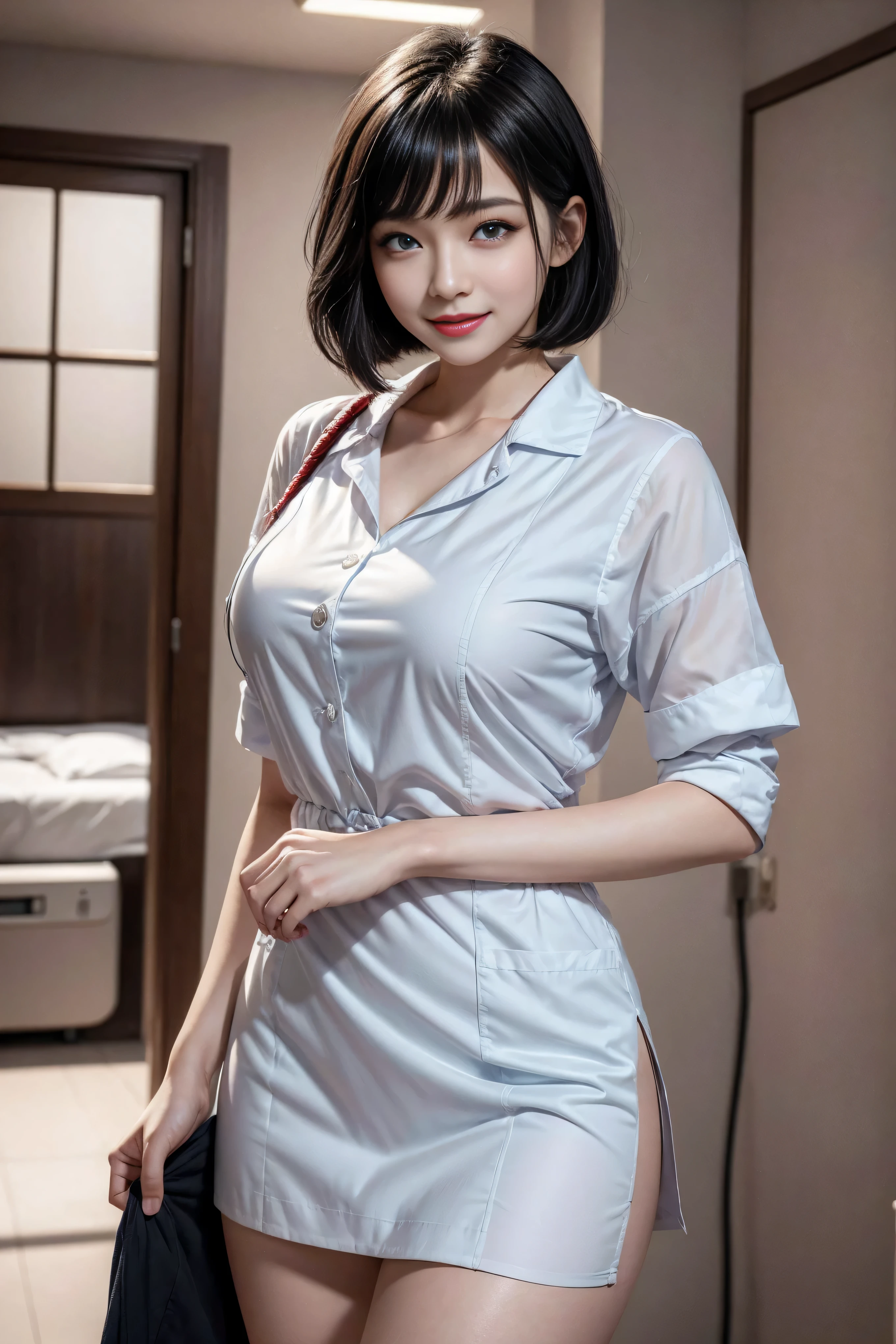 (2 Ultimate Beauty Nurse)、{{{masterpiece}}}， {Oh oh oh, Oh, really：1.2}， best quality， official art， Highly detailed CG Unity 8k wallpaper， The facial details are very rich、delicate lips、delicate eyes、double eyelids、((black bob hair))、(Nurse:1.3)、(charming figure)、(huge)、（（Open your mouth and smile： 1.8， cute smile： 1.8））， solo， Short hair details， vibrant smile， blue eyes，with eyes_Tokar， {Beautiful detailed gradient eyes}， red lips，thigh, thigh, thigh, perfect fit, Perfect Image Realism, background with: (hospital ward:1.2), cow boy shooting, Detailed background, detailed clothing, perfect lighting、Surreal、(Realism:1.4)、8K maximum resolution, (masterpiece), The content is very detailed, professional，