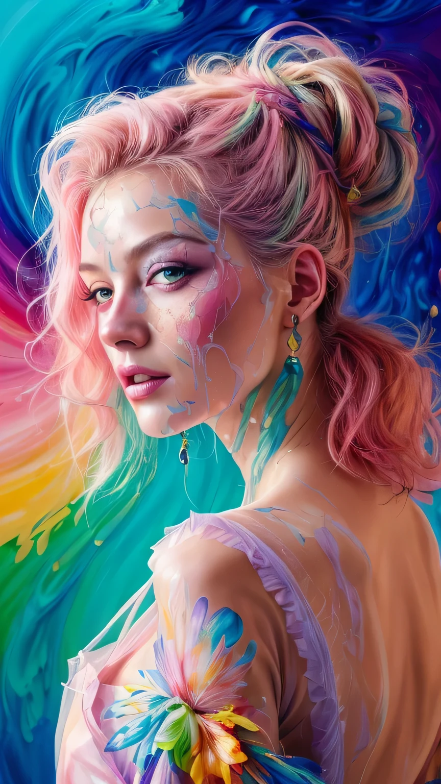Beautiful and colorful woman: 25 years old woman, messy hair, oil painting, beautiful and perfect face with soft skin, perfect face, pinkish green cores, light and violet magnetic additions, light red additions, Painter, wearing apron or transparent nightgown, holding brush, intricate details home screen masterpiece in 8k resolution beautiful face digital painting photorealistic art station smooth fluid black paint: photorealistic masterpiece in 8k resolution: intricately detailed gouache painting fluid: by John Baptist Mongue: calligraphy: acrylic : artistic watercolor, professional photography, natural lighting, volumetric lighting maximalist photographic illustration: by Marton Bobzert: complex, elegant, expansive, Fantastic