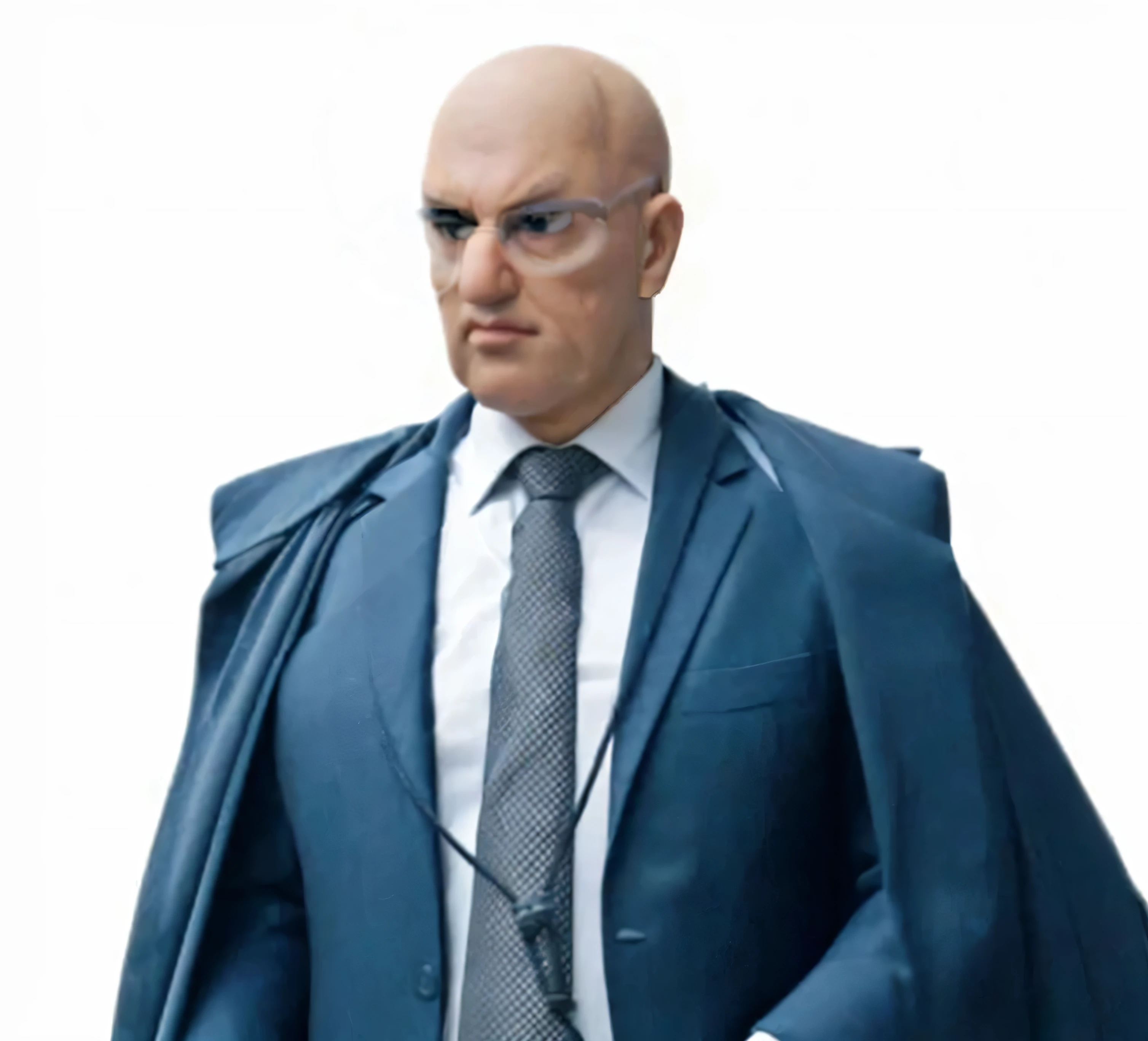 a character with an egg-shaped head, without a face, wearing a businessman's suit, with tie and imposing judge's robe, characterized as a Supreme Court judge. High illustration. 3D render.