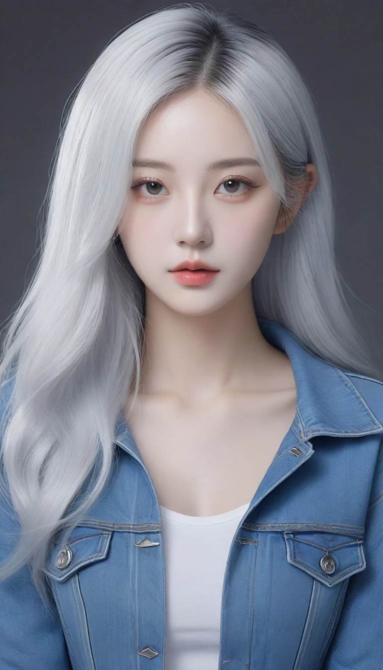 a close up of a woman with long hair wearing a denim jacket, a photorealistic painting by Lü Ji, trending on cg society, computer art, girl silver hair, silver hair girl, white hair color