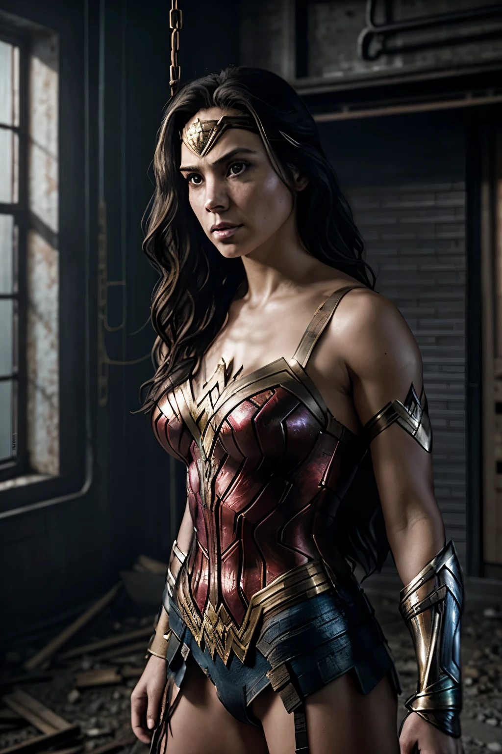 Create a mesmerizing hyper-realistic artwork in ultra HD, depicting Wonder Woman in an abandoned, under-construction building, reminiscent of Zack Snyder's cinematic style. Her powerful figure is rendered suspended in the air, bound in chains with her hands open and free, defying the expected vulnerability. The intricate textures of rusted metal and gritty concrete surround her, enhancing the depth and intensity of the scene. The low sunlight filters in through broken windows, casting long shadows and illuminating her high-detailed face and body with cinematic precision. Employing Zack Snyder's signature aesthetic, the atmosphere is dark and dramatic, evoking both