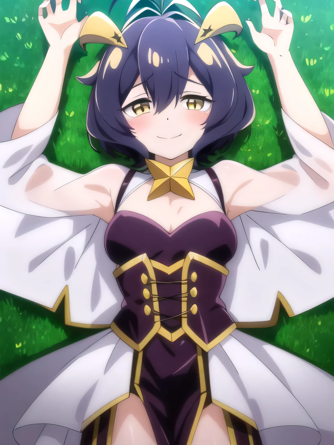 Utena Hiiragi, 1girl, solo, horns, purple hair, blush, short hair, looking at viewer, smile, star (symbol), yellow eyes, ahoge, hair between eyes, antenna hair, bangs, symbol-shaped pupils, star-shaped pupils, solo, lying, , closed mouth, solo, spread arms, arms up, smile, lying, on back, on grass, looking at viewer, solo, in the center, (cowboy shot: 1.3), high quality,