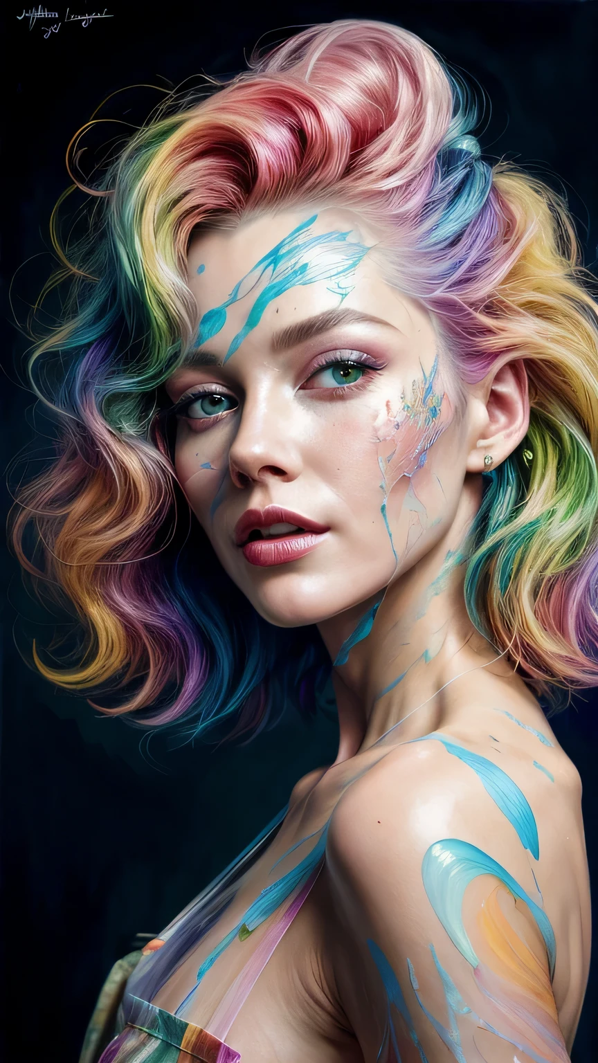 Beautiful and colorful woman: 25 years old woman, messy hair, oil painting, beautiful and perfect face with soft skin, perfect face, pinkish green cores, light and violet magnetic additions, light red additions, Painter, wearing apron or transparent nightgown, holding brush, intricate details home screen masterpiece in 8k resolution beautiful face digital painting photorealistic art station smooth fluid black paint: photorealistic masterpiece in 8k resolution: intricately detailed gouache painting fluid: by John Baptist ue: calligraphy: acrylic : artistic watercolor, professional photography, natural lighting, volumetric lighting maximalist photographic illustration: by Marton Bobzert: complex, elegant, expansive, Fantastic