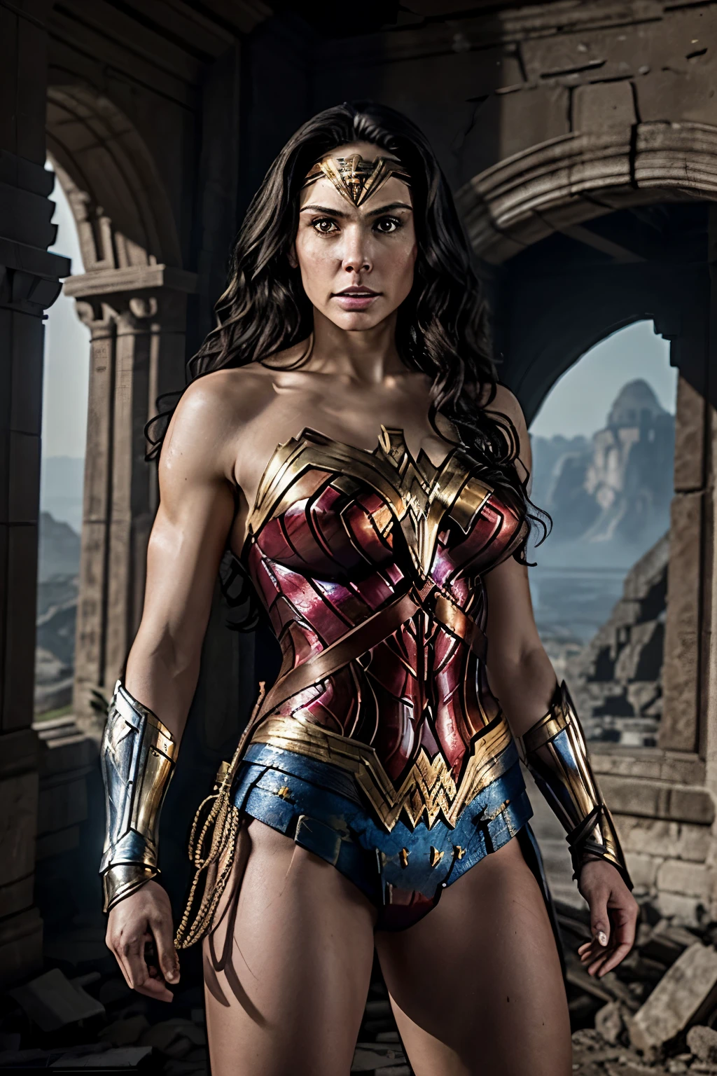 Title: "Bound by Strength: Wonder Woman's Trials in the Ruins of Time"

In this breathtaking masterpiece, the enchanting figure of Wonder Woman is captured in ultra-high definition, her formidable frame shackled and suspended in mid-air amidst the crumbling pillars of a decaying, antiquated fortress. The cinematic backdrop, reminiscent of a melancholic timeless realm, establishes an intriguing and emotionally charged atmosphere, with a soft, golden sunlight seeping through the shattered walls.

Wonder Woman's ethereal visage and physique are portrayed with the utmost precision, illustr