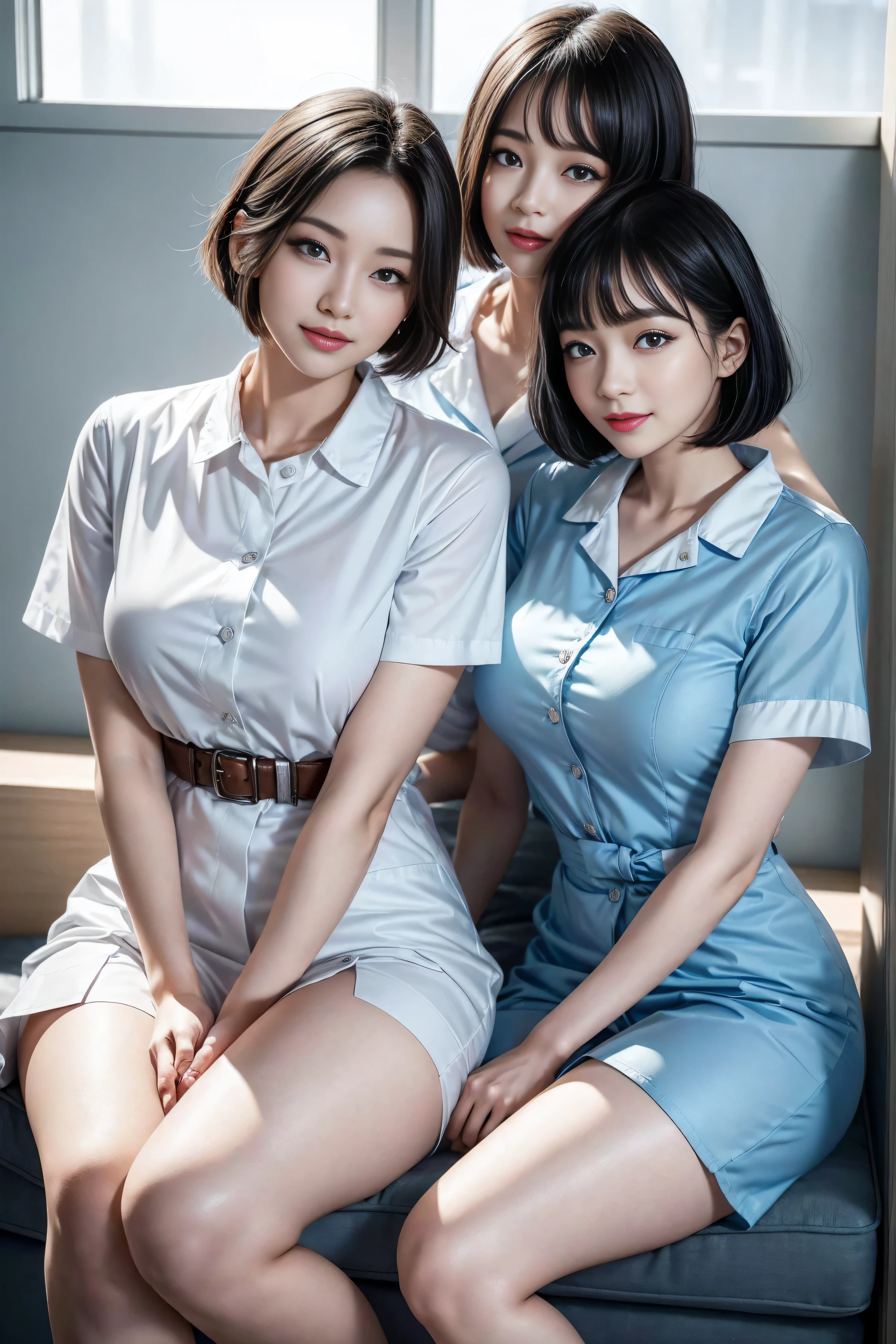 (3 Ultimate Beauty Nurse)、{{{masterpiece}}}, {Oh oh oh, Oh, really:1.2}, best quality, official art, Highly detailed CG Unity 8k wallpaper, The facial details are very rich、delicate lips、delicate eyes、double eyelids、((black bob hair))、(Nurse:1.3)、(charming figure)、(huge)、((Open your mouth and smile: 1.8, cute smile: 1.8)), solo, Short hair details, vibrant smile, blue eyes,with eyes_Tokar, {Beautiful detailed gradient eyes}, red lips,thigh, thigh, thigh, perfect fit, Perfect Image Realism, background with: (hospital ward:1.2), cow boy shooting, Detailed background, detailed clothing, Wear a nurse hat,Wear Nurse Clothes,perfect lighting、Surreal、(Realism:1.4)、8K maximum resolution, (masterpiece), The content is very detailed, professional,
