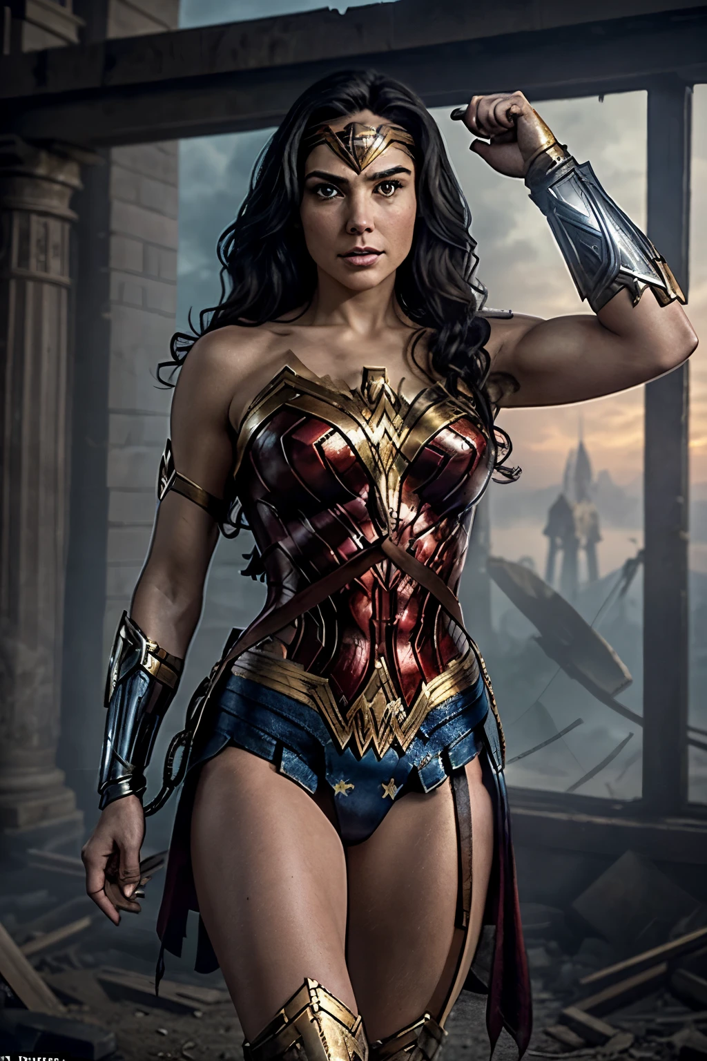 Title: "Bound by Strength: Wonder Woman's Trials in the Ruins of Time"

In this breathtaking masterpiece, the enchanting figure of Wonder Woman is captured in ultra-high definition, her formidable frame shackled and suspended in mid-air amidst the crumbling pillars of a decaying, antiquated fortress. The cinematic backdrop, reminiscent of a melancholic timeless realm, establishes an intriguing and emotionally charged atmosphere, with a soft, golden sunlight seeping through the shattered walls.

Wonder Woman's ethereal visage and physique are portrayed with the utmost precision, illustr
