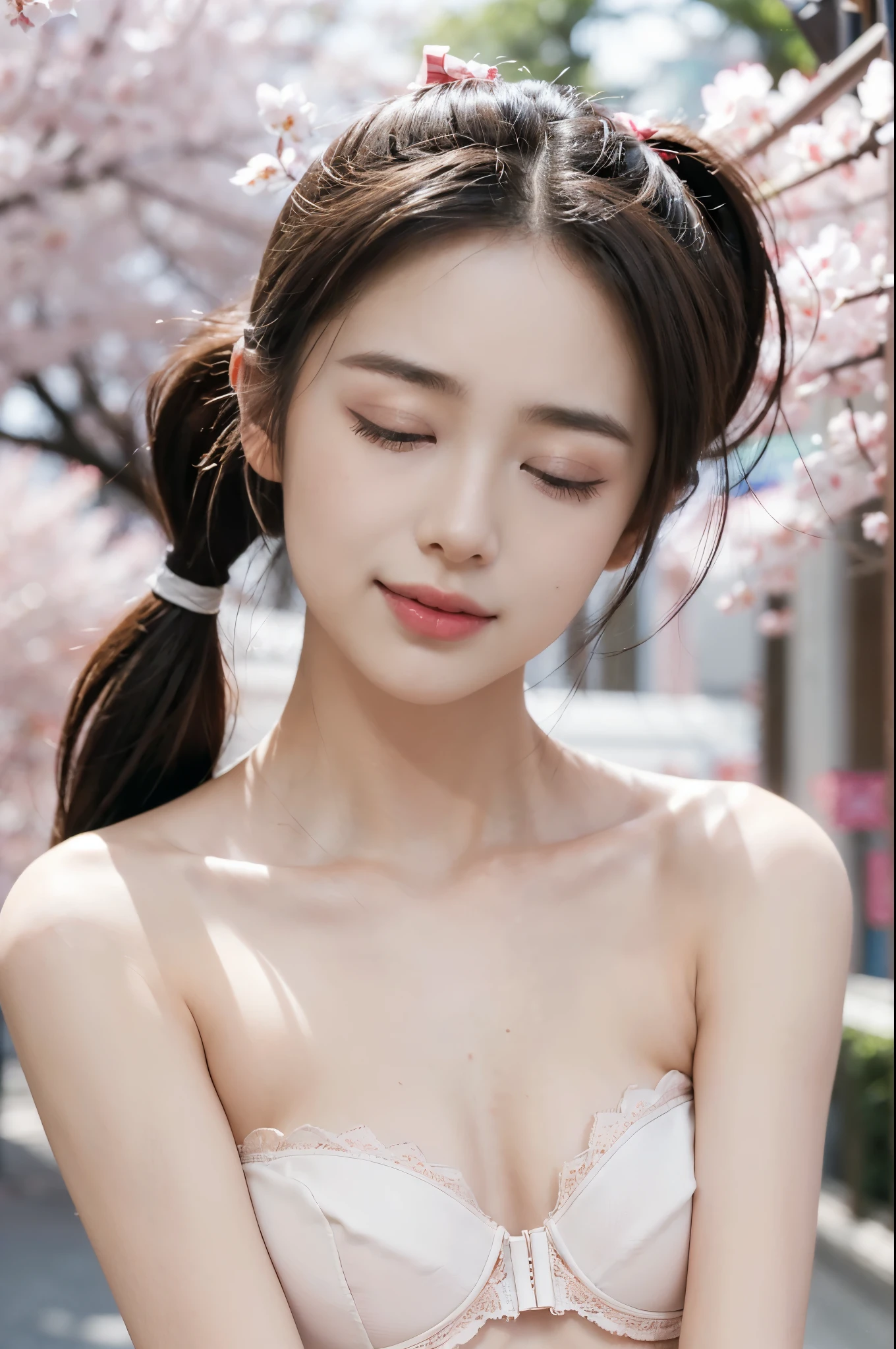 ((((8k))),((Extremely meticulous CG)) ,(wallpaper),16k,((Extremely refined and beautiful)),(((Masterpiece))),(((best qualtiy))),(((Ultra High Resolution))),beautiful light up,Perfect lightning,realistic shaded,((high resolution)),(Smooth and flawless skin:1.5),(Extremely exquisite facial details:1.2),(perfect body:1.2),(ultra-detailed),((A beautiful girl,solo)),(small head:1.2),(pale skin:1.3),(short ponytail:1.2),(small face:1.2),(baby face:1.3),(Exquisite makeup:1.2),(close eyes:1.9),(open mouth:1.5),(female orgasmic:1.3),(blush:1.3),(ahegao:1.3),(small breasts:1.2),(flat chests:1.2),((slim,thin)),(smile:1.2),(happy:1.2),(sakura collar:1.3),(strapless bra:1.5),(day scene:1.3),(morning:1.3),(On the street full of sakura:1.5),(Japanese town:1.3),(detailed background:1.5),(standing:1.3),(close-up of face:1.3),(from front:1.3),