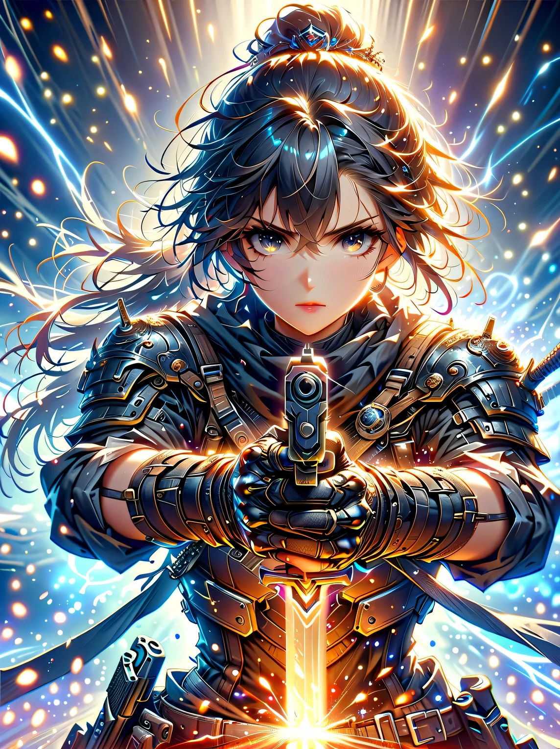 premium quality、masterpiece、highest quality、Super details、Super details、ultra high definition、perfect anatomy、blurred background、outdoor、Cherry blossoms、mist road、studio lighting、bright future、for the audience、Pink and black armor、girl、Desert Eagle pistol held in both hands、sword equipped with ral-elctryzt、ponytail、glow、shine、eye-catching、Hong Kong style,portrait,medium shot