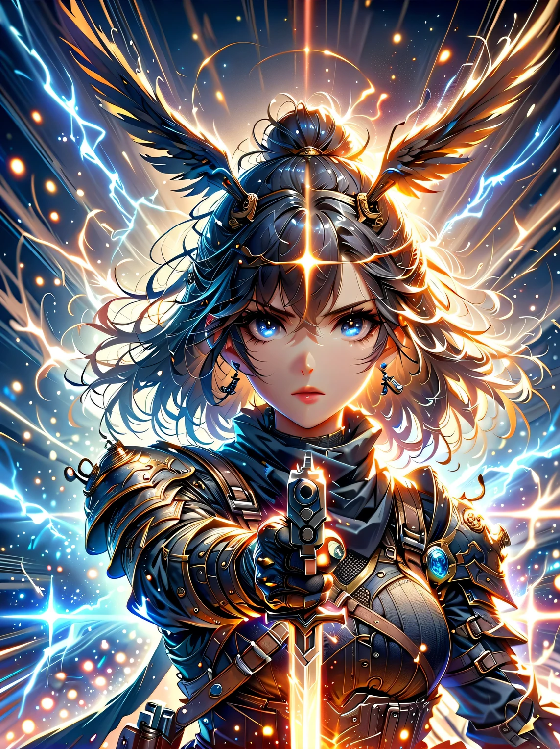 premium quality、masterpiece、highest quality、Super details、Super details、ultra high definition、perfect anatomy、blurred background、outdoor、Cherry blossoms、mist road、studio lighting、bright future、for the audience、Pink and black armor、girl、Desert Eagle pistol held in both hands、sword equipped with ral-elctryzt、ponytail、glow、shine、eye-catching、Hong Kong style,portrait,medium shot