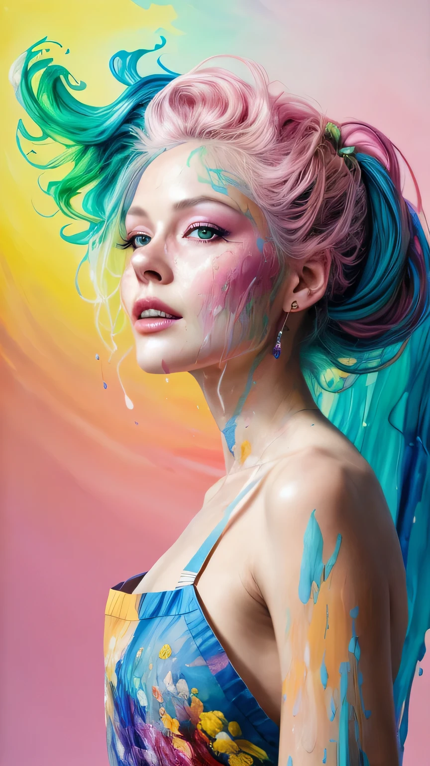 Beautiful and colorful woman: 25 years old woman, messy hair, oil painting, beautiful and perfect face with soft skin, perfect face, pinkish green cores, light and violet magnetic additions, light red additions, Painter, wearing apron or transparent nightgown, holding brush, intricate details home screen masterpiece in 8k resolution beautiful face digital painting photorealistic art station smooth fluid black paint: photorealistic masterpiece in 8k resolution: intricately detailed gouache painting fluid: by John Baptist Mongue: calligraphy: acrylic : artistic watercolor, professional photography, natural lighting, volumetric lighting maximalist photographic illustration: by Marton Bobzert: complex, elegant, expansive, Fantastic