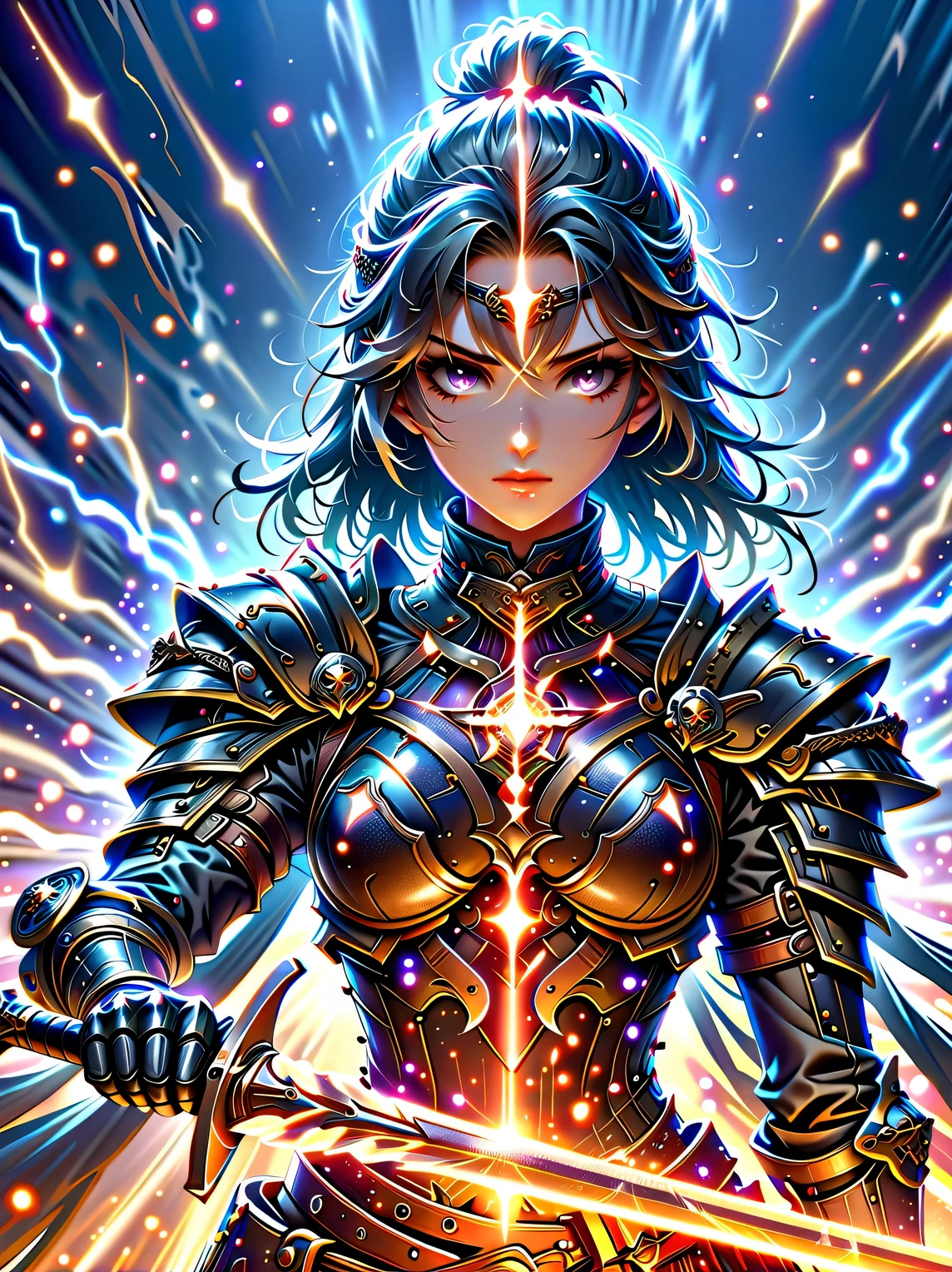premium quality、masterpiece、highest quality、Super details、Super details、ultra high definition、perfect anatomy、blurred background、outdoor、Cherry blossoms、mist road、studio lighting、bright future、for the audience、Pink and black armor、girl、holding sword、sword equipped with ral-elctryzt、ponytail、glow、shine、eye-catching、Hong Kong style，portrait，medium shot