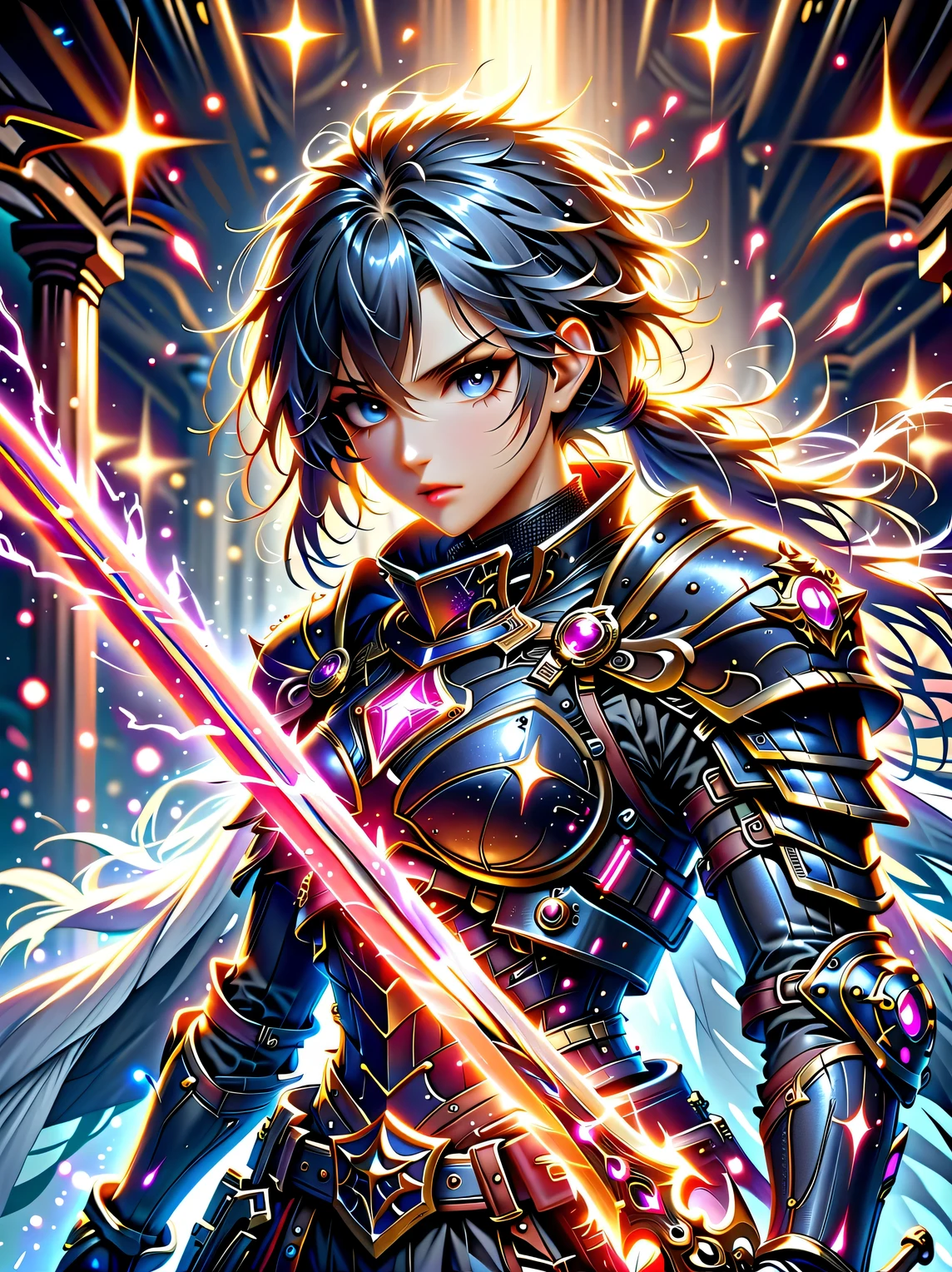 premium quality、masterpiece、highest quality、Super details、Super details、ultra high definition、perfect anatomy、blurred background、outdoor、Cherry blossoms、mist road、studio lighting、bright future、for the audience、Pink and black armor、girl、holding sword、sword equipped with ral-elctryzt、ponytail、glow、shine、eye-catching、Hong Kong style,portrait,medium shot