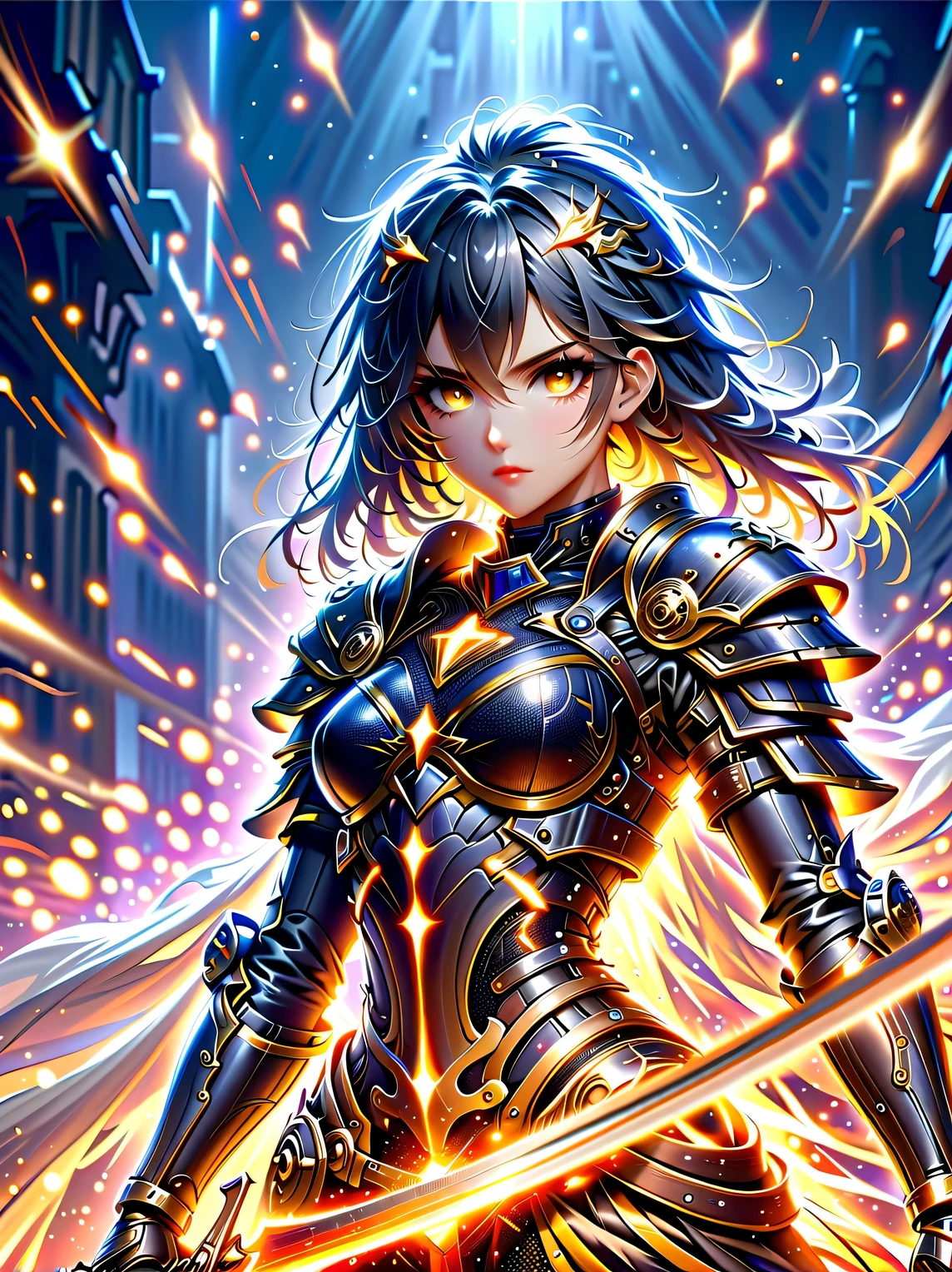 premium quality、masterpiece、highest quality、Super details、Super details、ultra high definition、perfect anatomy、blurred background、outdoor、Cherry blossoms、mist road、studio lighting、bright future、for the audience、Pink and black armor、girl、holding sword、sword equipped with ral-elctryzt、ponytail、glow、shine、eye-catching、Hong Kong style，portrait，medium shot
