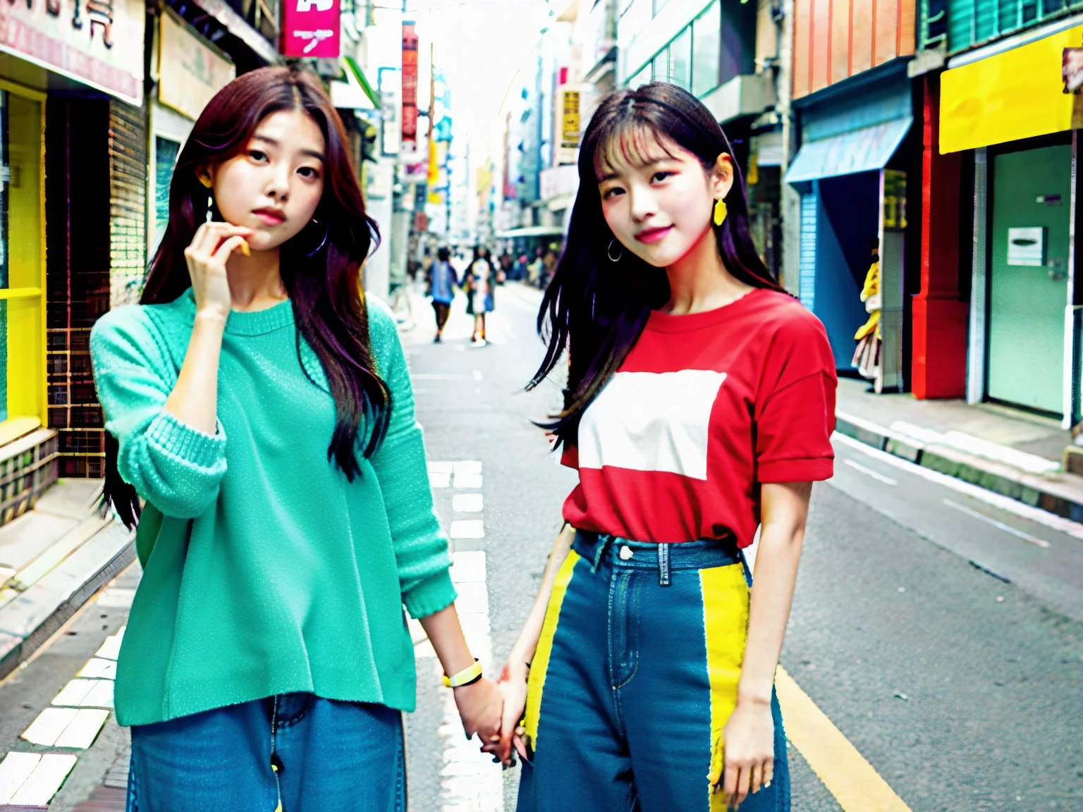 Model posing in the streets of South Korea、2 women、Stylish casual clothes worn by young Koreans、colorful、Street fashion、Idol Fashion、K-POP風