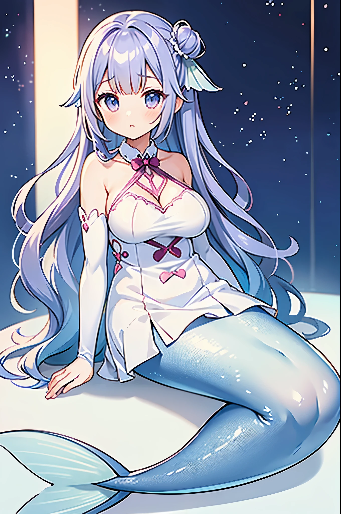 masterpiece, best quality,a female,big breasts,Mermaid,white mermaid tail,full-body shot,Nurse,Nurse服,sitting position,charming脸(kawaii, charming,soft)