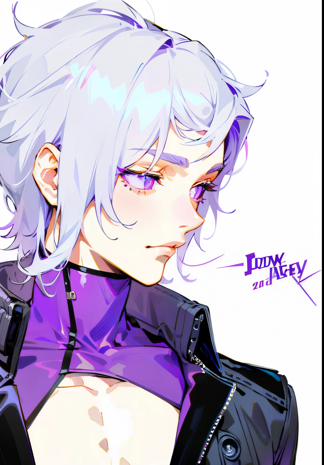 purple hair: 1.3, glow grey eyes, purple inner clothes, leather black jacket, looking away, very handsome,