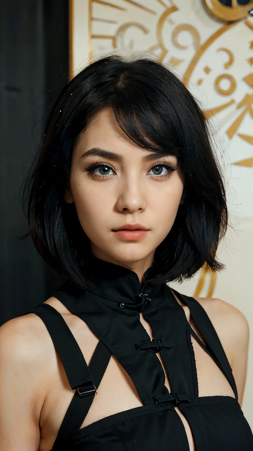 Girl with balck hair with  eyeliner  red with blue eyes chinese