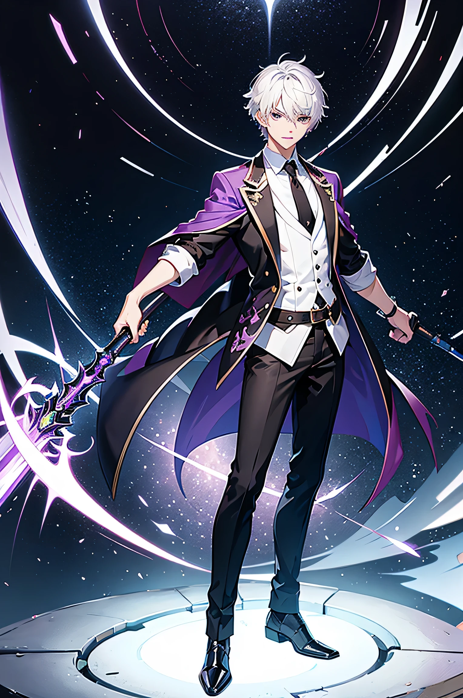 Handsome young man, silver-white hair, (short hair), (boy), (shirt: black and purple), posture with sword drawn and preparing to attack, purple eyes with a bit of lightning, (sword size: 1), cool, (background with purple lightning around and a silvery white mechanical dragon) (metallic), (full body), super high resolution, ink drawing style, clean colors, cut out decisive, blank, free, masterpiece, super detailed in each part, epic layout, super high quality, highest quality, 8k anime