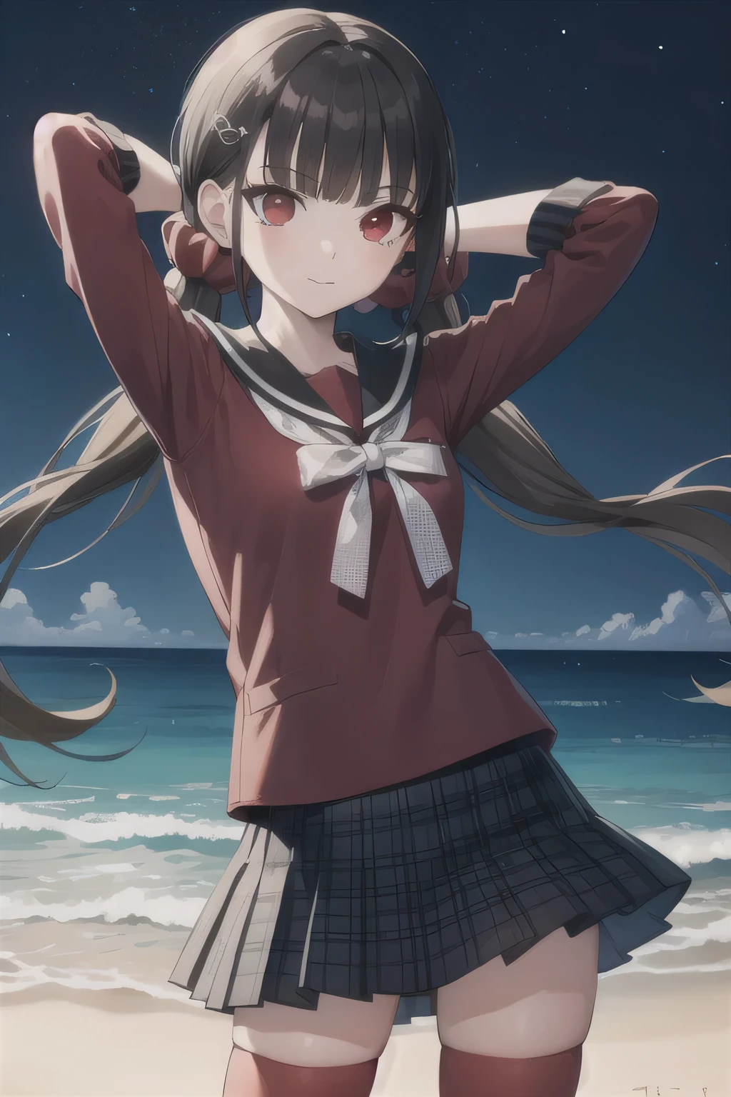 makiharukawa, harukawa maki, long hair, bangs, brown hair, black hair, hair ornament, (red eyes:1.5), twintails, very long hair, hairclip, blunt bangs, mole under eye, low twintails, scrunchie, hair scrunchie, red scrunchie, (small breast:1.2), BREAK skirt, shirt, thighhighs, long sleeves, bow, , pleated skirt, serafuku, miniskirt, black skirt, sailor collar, mole, bracelet, zettai ryouiki, plaid, plaid skirt, red shirt, black sailor collar, red thighhighs, BREAK looking at viewer, BREAK outside, beach, BREAK (masterpiece:1.2), best quality, (beautiful detailed eyes:1.6), extremely detailed face, perfect lighting, extremely detailed CG, (perfect hands, perfect anatomy), anime, screencap, high quality, closed mouth, solo, upper body, night sky, forest, arms behind head, contrapposto, spread armpits, smile, high quality,