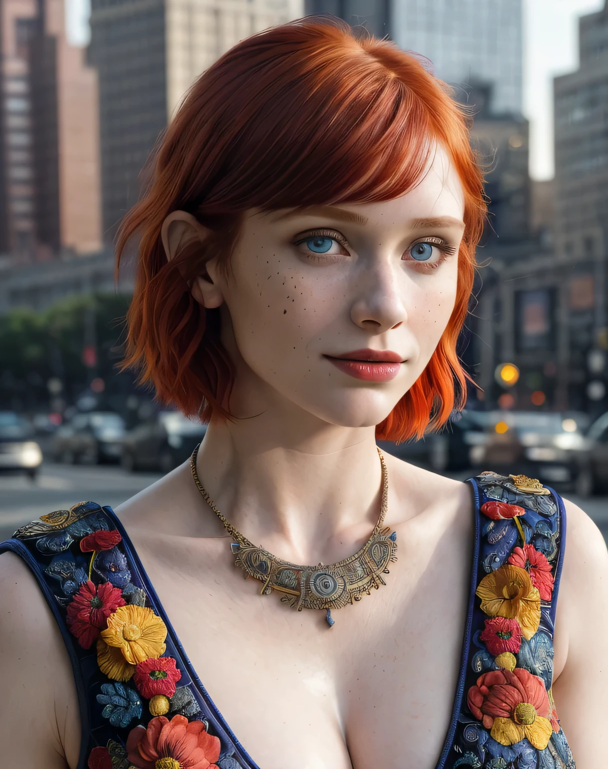 (masterpiece, best quality, 1girl, solo, intricate details, chromatic aberration), realistic, ((medium breath)),portrait shot, Bryce Dallas Howard, ((vivid chanel short red hair)), 20 years old woman, triangule face, medium breast, sunny day, big city,with formal clothes, depth of field, big red lips, ((dark blue eyes)) (Detailed beautiful eyes), covered chest, mystical atmosphere, (best quality:1.2), absurdres, intricate details, (highly detailed skin:1.2), smile expression, posing, taut and well defined body, attractive. Highly realistic, pale skin, beautiful, hyperrealism, skin very elaborated, direct gaze, AB JLEE3, Complex facial details for all characters, Expressive eyes and nose and mouth, unzoom, author:Jim Lee Right Section Centered, Key, Visual, Complex, Highly Detailed, Breathtaking, Precise Line Art, Vibrant Panorama Film