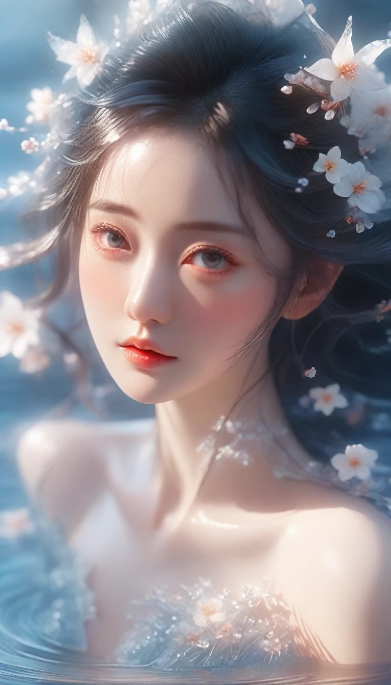 a close up of a woman in a white dress in a pool of water, ethereal beauty, xianxia fantasy, asian female water elemental, ethereal fantasy, ((a beautiful fantasy empress)), beautiful digital artwork, water fairy, fantasy beautiful, with frozen flowers around her, fantasy art style, trending on cgstation, beautiful gorgeous digital art, a beautiful artwork illustration