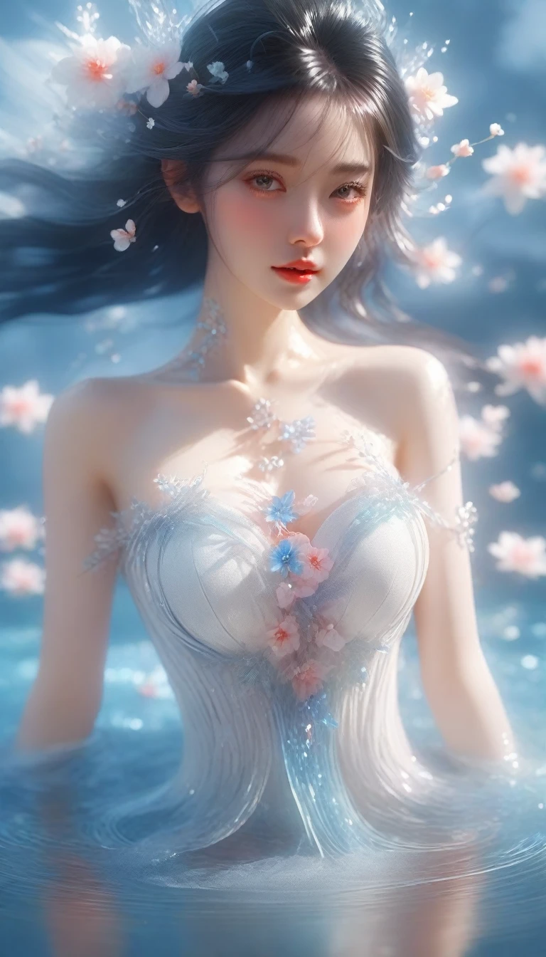 a close up of a woman in a white dress in a pool of water, ethereal beauty, xianxia fantasy, asian female water elemental, ethereal fantasy, ((a beautiful fantasy empress)), beautiful digital artwork, water fairy, fantasy beautiful, with frozen flowers around her, fantasy art style, trending on cgstation, beautiful gorgeous digital art, a beautiful artwork illustration