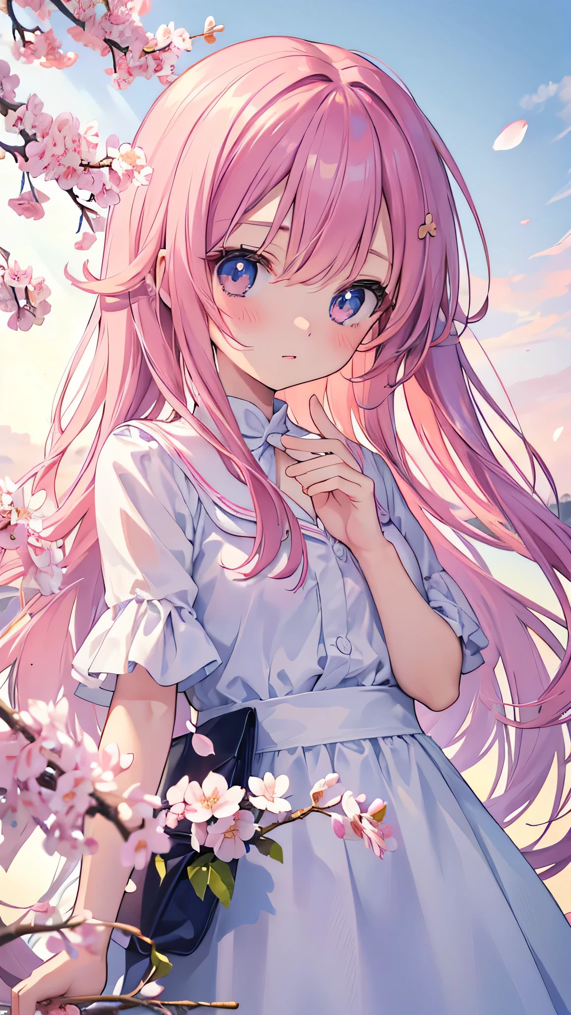 Create a spring-like wallpaper。beautiful girl anime。up。Soft light is shining in。cherry blossoms。profile。Delicate dresses。Pink flowers in the hair, anime style 4k, anime wallpaper 4k, anime wallpaper 4k, anime art wallpaper 4k, anime art wallpaper 4k, 4k anime wallpaper, anime art wallpaper 8k, beautiful anime portrait, cute anime girl portraits, extremely cute anime girl face, cute anime girl, cute anime girl portrait